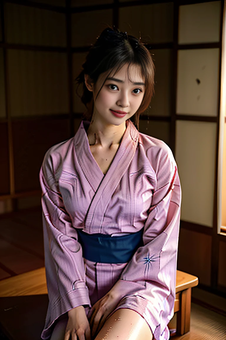 (((Draw only one woman: 2))), traditional Japanese room, Sit in the tatami room, (Wearing a pink floral yukata:1.3)、(Worn yukata:1.5)、(Do not tighten the obi:1.5)、((Ecstasy expression:1.6)), ((Reddened cheeks:1.4))、(slightly closed eyelids:1.2)、Half-open lips, sweat-wet skin, Sweat-soaked hair, 22 year old beautiful woman, ((1screen)) , in 8K, RAW shot, top quality photo, ​masterpiece, Nice realistic photos, Anatomically correct proportions, (perfectly proportions), like a Japanese actress beautiful, A detailed face, A detailed eye, Narrow Nose, ((Detailed fingers)), (((Perfect fingers)))、detailed arms, Detailed skin, Detailed legs、Narrow waist, (short torso:1.2)、large udder, Nipple shadow, Crotch wrinkles, (sweat-wet skin:1.3)、(hair wet with sweat:1.3)、(accurate fingers:1.2)、(Thighs visible from the hem of a yukata:1.3)