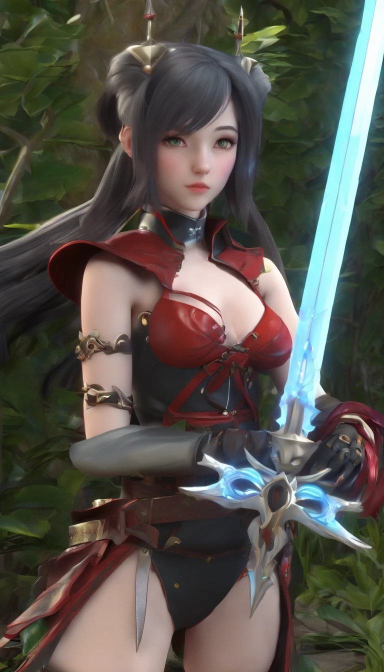 (Best quality), Dark fantasy, big sword, magical little girl, Gothic, double tails, Realistic, Ultra detailed, High definition, anime big breast,