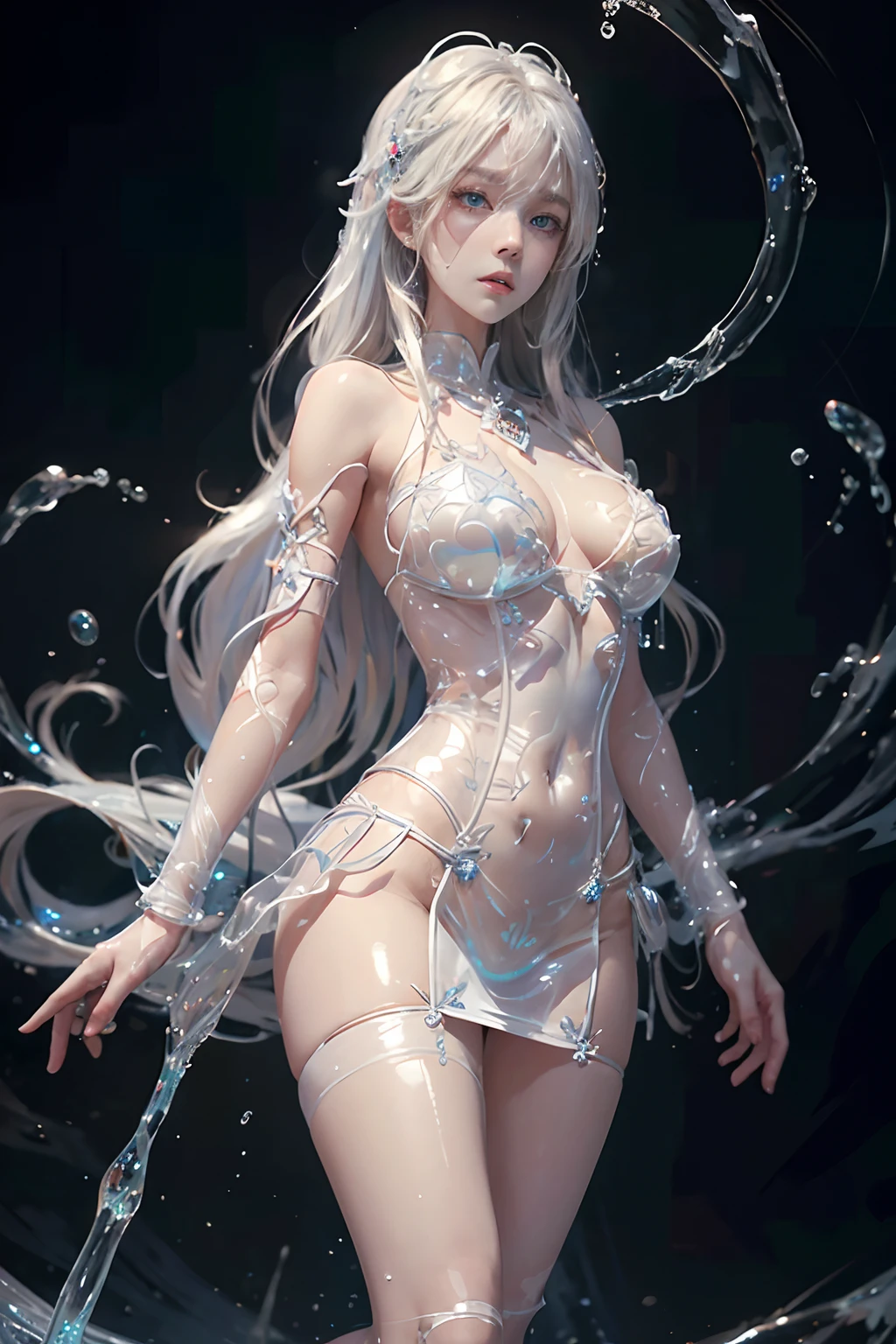 (Hyper Real), (high resolution), (8K), (Very detailed), (Best Illustration), (Beautiful detailed eyes), (Best quality), (Masterpiece), (Detailed face), Solo, (Dynamic pose), boobgasm， White wavy hair on the bed, Japan person, Iris colored eyes, (((Very thin, Clear liquid flow)), Medium breasts, Long legs,Thighs open ,（Transparent miniskirt like water），A woman who is