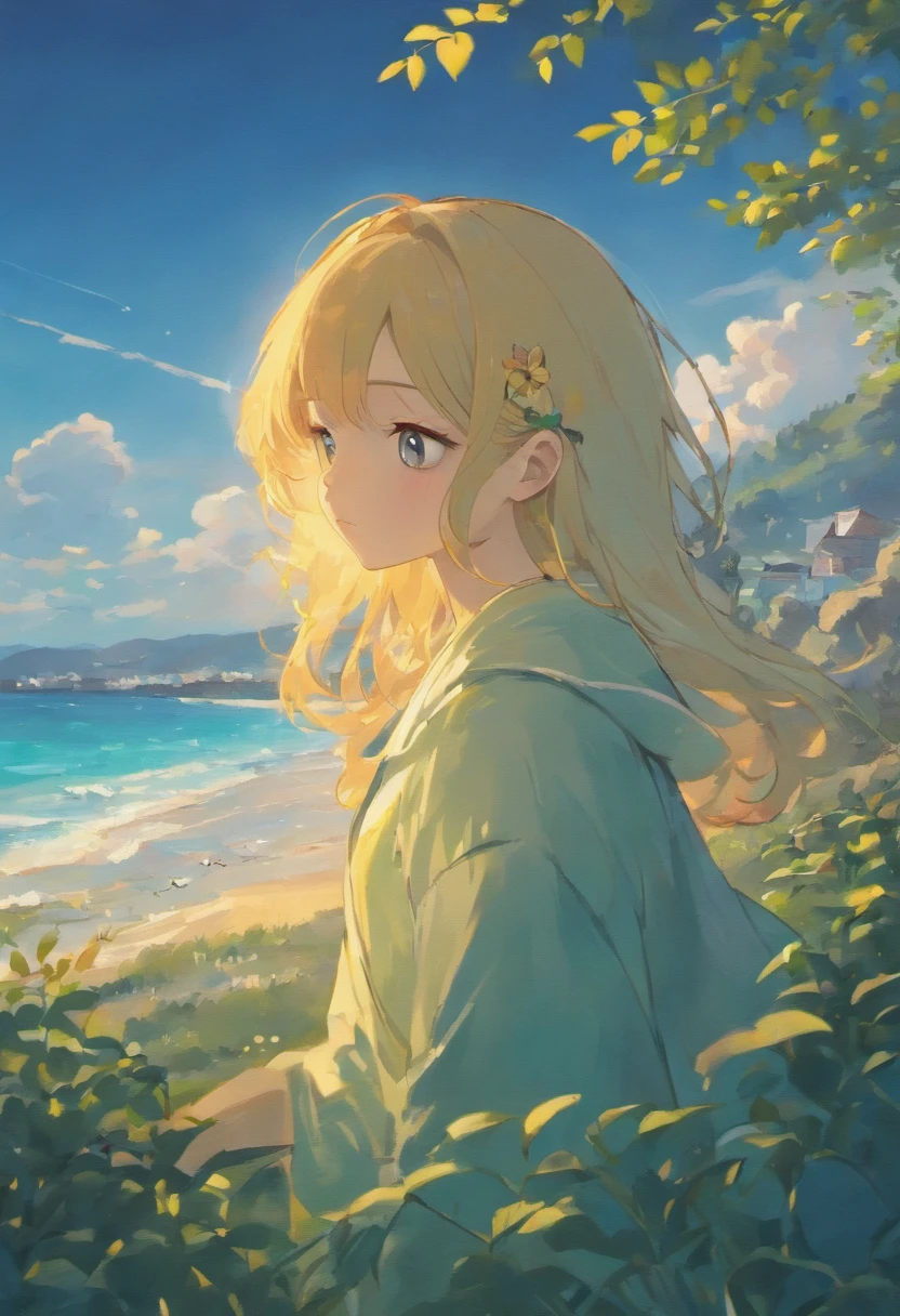 Hello! I was looking for a painting that depicted a serene and inspiring scene. I want an illustration of a curly-haired girl, Coastal view, In a moment of contemplation. Girls should be placed in a quiet environment, His gaze turned to the sky. Feel free to highlight curls,Capture the look of wonder on your face. The surrounding scenery may include natural elements, Such as trees or flowers, creating a tranquil atmosphere. Sunlight or ambient lighting should emphasize feelings of calm and wonder. Kindly, Give a special artistic touch to the sky scene, With the clear blue sky, Soft clouds or impressive sunsets. Looking forward to seeing your unique interpretation of this moment