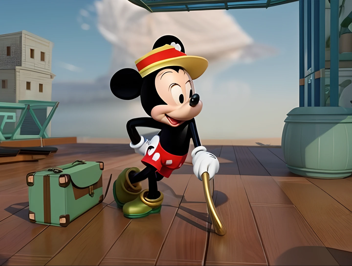 Mickey Mouse com as pernas cruzadas apoiado numa bengala de madeira e uma mala verde ao lado