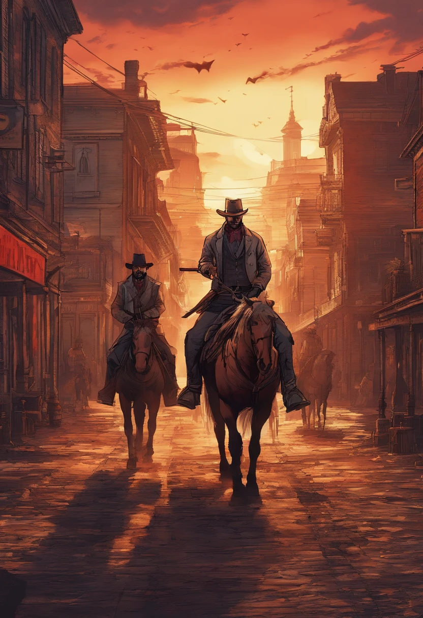(red dead redemption 2 style,1899 year, 6 outlaws riding horses,gang,art poster,saint Denis city from RDR2 game ,six outlaws.six guys,saint Denis city background)
(best quality,4k,8k,highres,masterpiece:1.2),ultra-detailed,(realistic,photorealistic,photo-realistic:1.37),HDR,UHD,studio lighting,ultra-fine painting,sharp focus,physically-based rendering,extreme detail description,professional,vivid colors,bokeh,portraits
,landscape,horror,anime,sci-fi,photography,concept artists
,red orange,deep shadows, warm tones, vibrant colors
,soft, warm natural light, dramatic highlights and shadows, backlighting