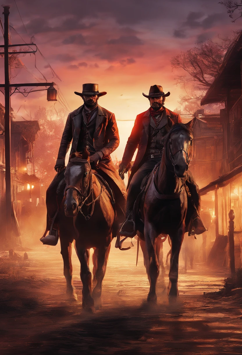 (red dead redemption 2 style,1899 year, 6 outlaws riding horses,gang,art poster,saint Denis city from RDR2 game ,six outlaws.six guys,saint Denis city background)
(best quality,4k,8k,highres,masterpiece:1.2),ultra-detailed,(realistic,photorealistic,photo-realistic:1.37),HDR,UHD,studio lighting,ultra-fine painting,sharp focus,physically-based rendering,extreme detail description,professional,vivid colors,bokeh,portraits
,landscape,horror,anime,sci-fi,photography,concept artists
,red orange,deep shadows, warm tones, vibrant colors
,soft, warm natural light, dramatic highlights and shadows, backlighting