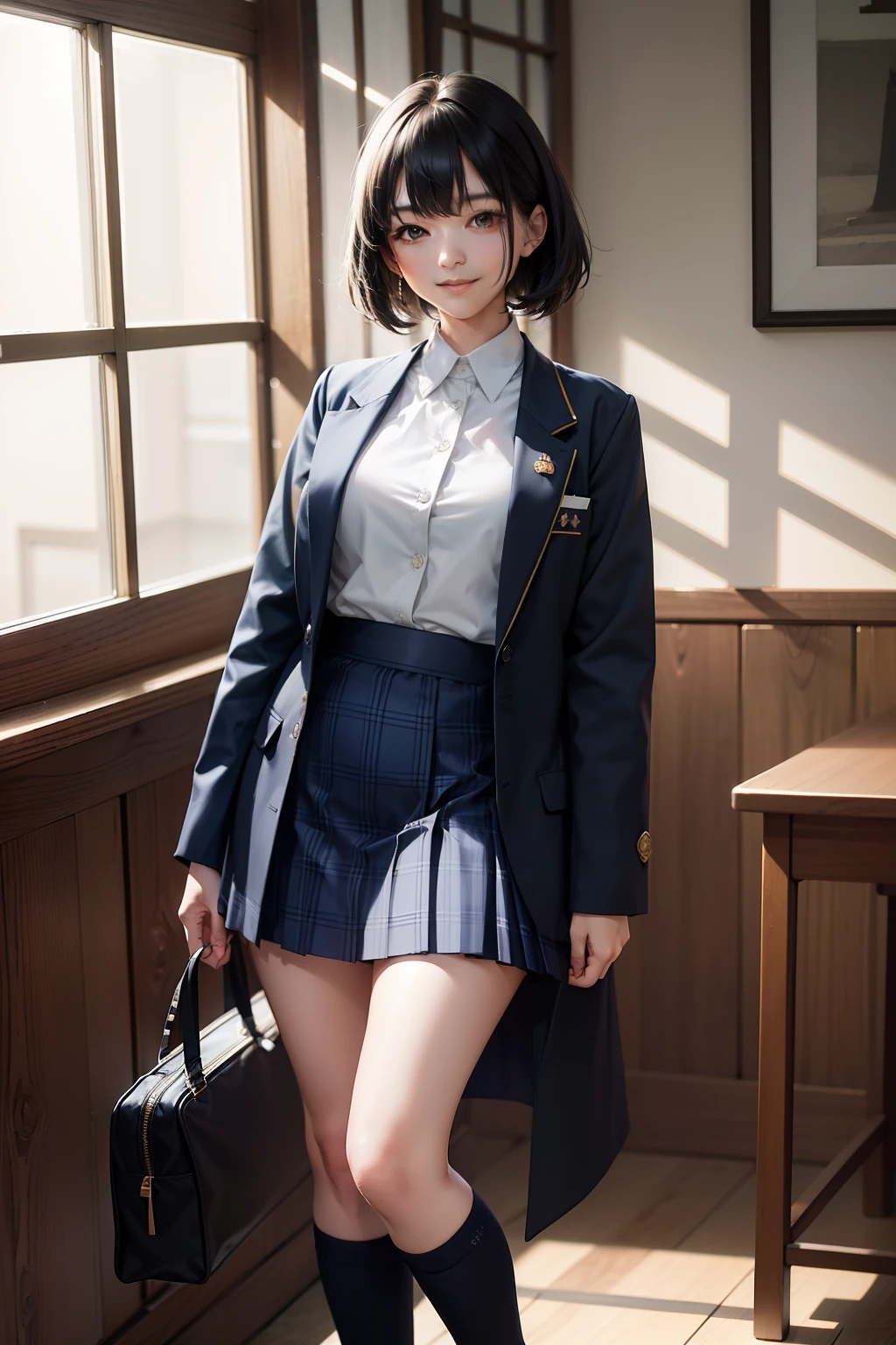 8K, Best Quality, real picture, Intricate details, Ultra-detailed, 超A high resolution, Depth Field,(Photorealistic,Realistic:1.2),masutepiece, 0.25 :: close-up , straight-on shot , from miiddle ,
1girl in, AI_chan, an extremely beautiful 17-year-old girl, Innocent big eyes, (brown_Short_hair), (Green_Eyes:1.0),(Bangs),disheveled hair,(hair clips), perfect glossy skin, flawless skin, Fair skin, Huge breasts, cleavage, Narrow waist, Light blush, Solo, Looking at Viewer, lightsmile,
chubby under the clothes, Sweat,
Wearing ((School_uniform), (white_Skirt),(Blue_long_tie), (Blue_pleats_Skirt), (Black_pantyhose) :1.2),
(Gravure Pose :1.1),
Sunset ,
High School in Japan 、乃木坂アイドル、韓国アイドル