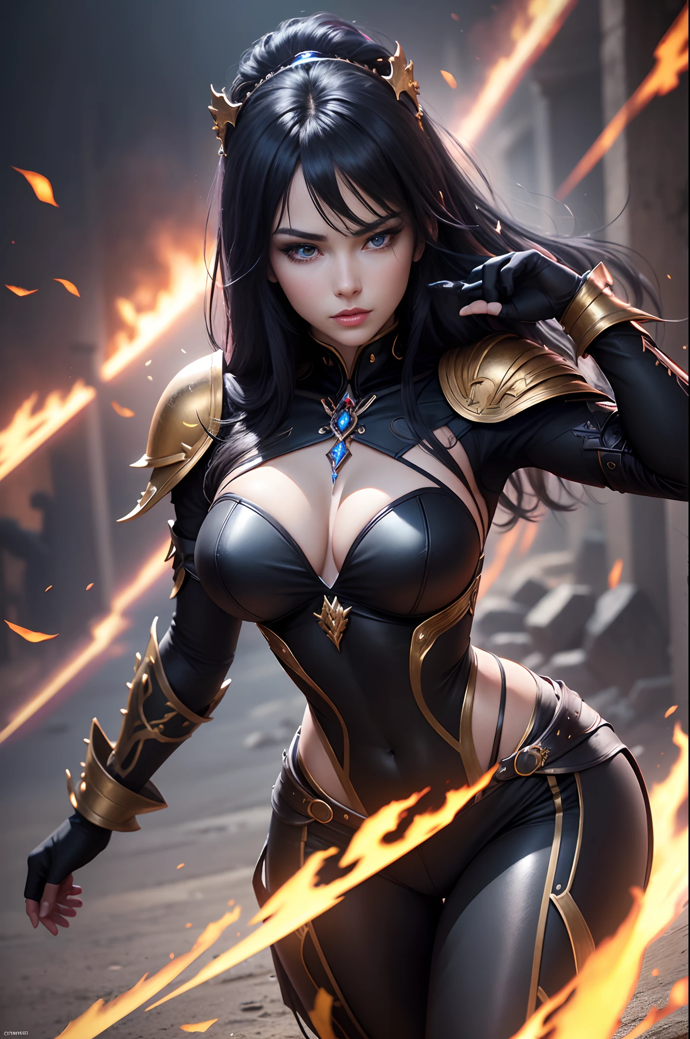 8K,Photorealsitic Raw photography top-quality;1.4) (One adult woman) Super beauty (Lifelike face) long blue-black hair Illusory Empress with Glowing Purple Eyes Aristocratic large-chested exterior of black and silver color Black and gold trousers Golden decoration glares Equipped with a sword at the waist Wearing black leather gloves Ruins Gwaitz style Purple Rouge realisitic Precise details unrealengine Beautiful expression Details of each part A red fireball glows in the palm(effect) 超A high resolution A hyper-realistic enticing Foot Armor real looking skin Fantasy Queen An inviting gaze