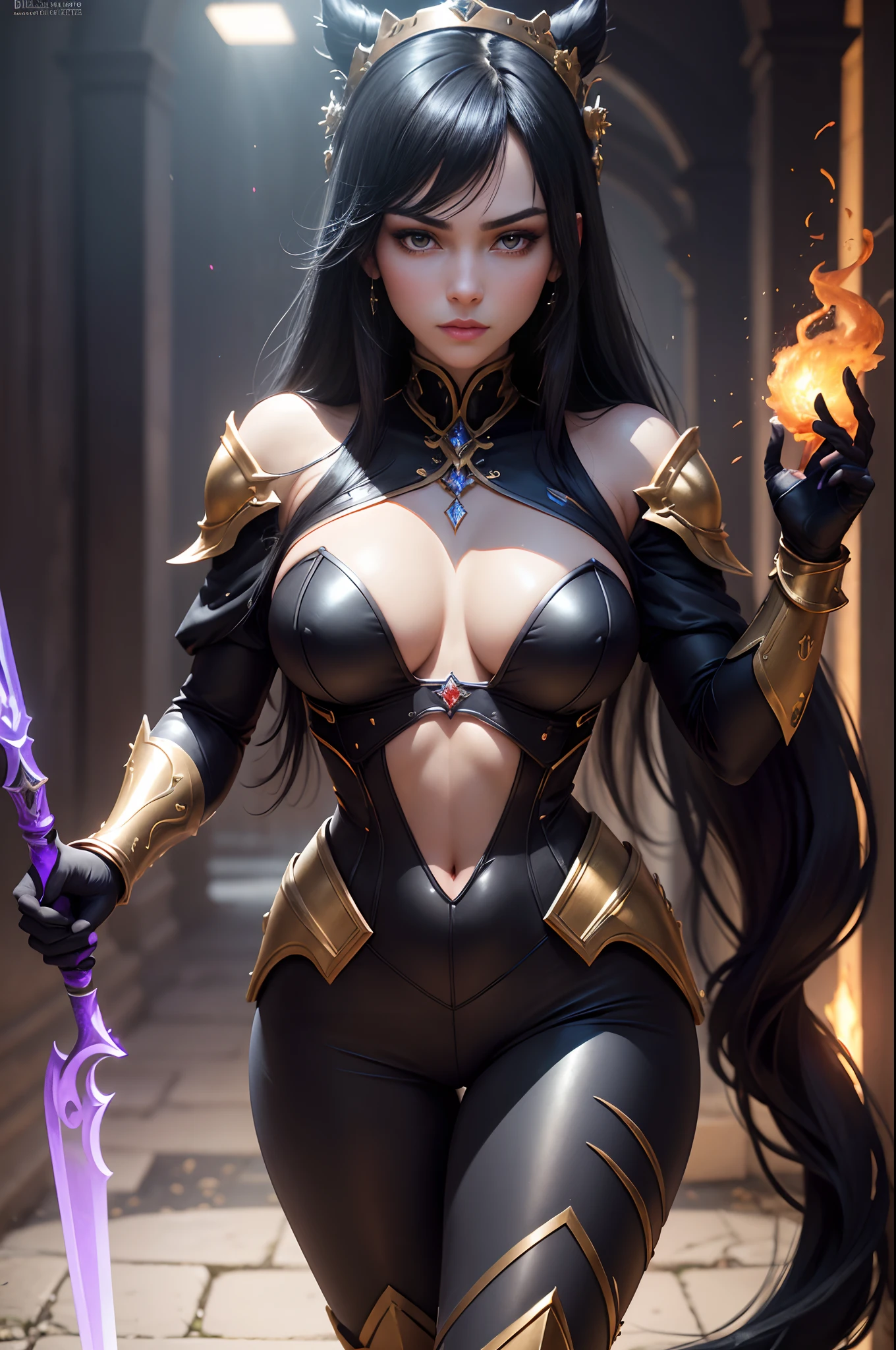 8K,Photorealsitic Raw photography top-quality;1.4) (One adult woman) Super beauty (Lifelike face) long blue-black hair Illusory Empress with Glowing Purple Eyes Aristocratic large-chested exterior of black and silver color Black and gold trousers Golden decoration glares Equipped with a sword at the waist Wearing black leather gloves Ruins Gwaitz style Purple Rouge realisitic Precise details unrealengine Beautiful expression Details of each part A red fireball glows in the palm(effect) 超A high resolution A hyper-realistic enticing Foot Armor real looking skin Fantasy Queen An inviting gaze