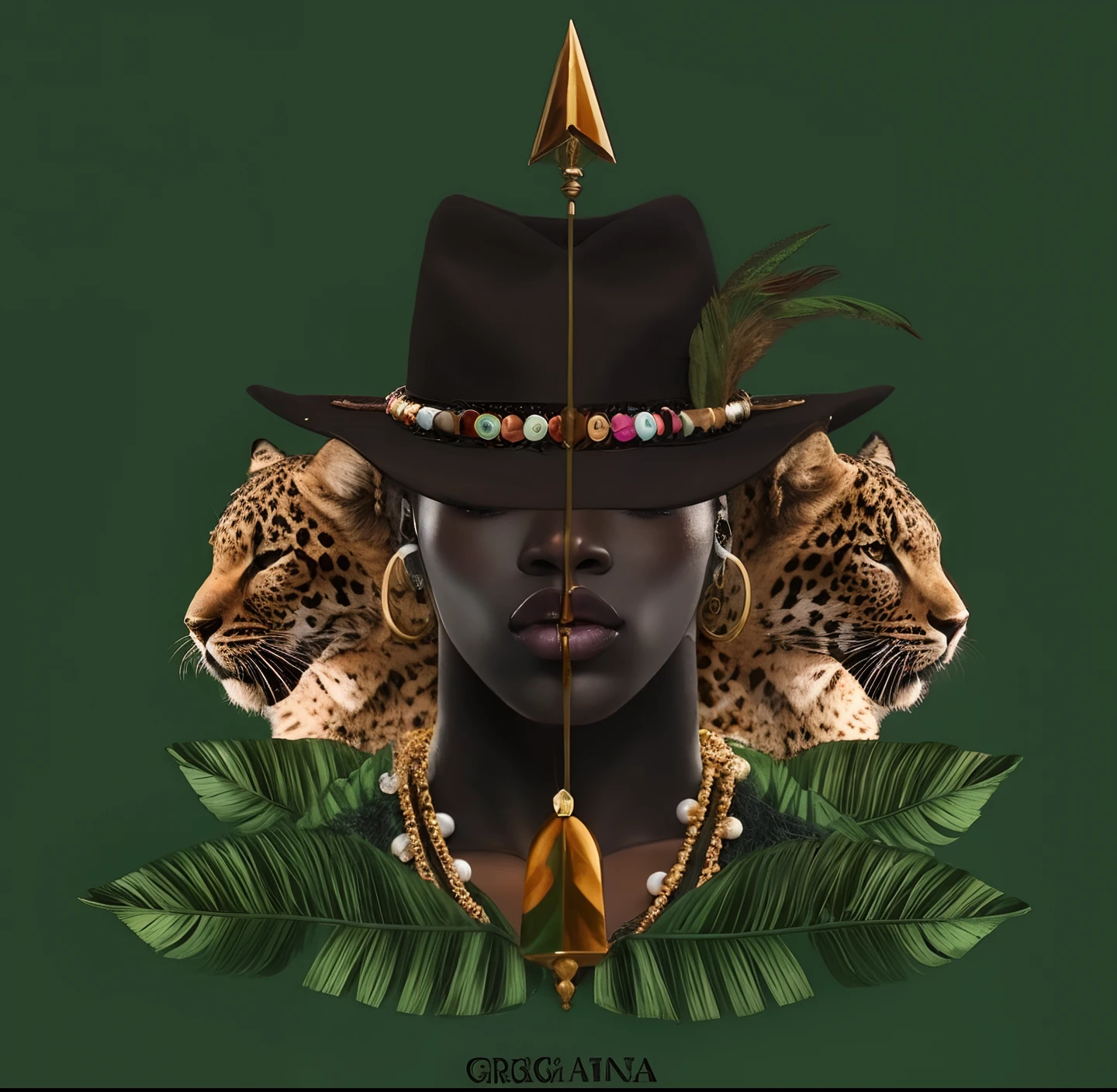 Cinematic hyperrealistic image: a closeup of a person wearing a hat and a leopard, Rainha africana, A leoa preta lisa, lindo guarda florestal da selva, afrofuturista, afrofuturismo, afrocentric mysticism, Princesa Africana, Rainha da Selva, Retrato de uma guarda florestal feminina, estilo afrofuturismoo, futurismo afro, art deco shaman, magia negra, Afrofuturista, mulher africana