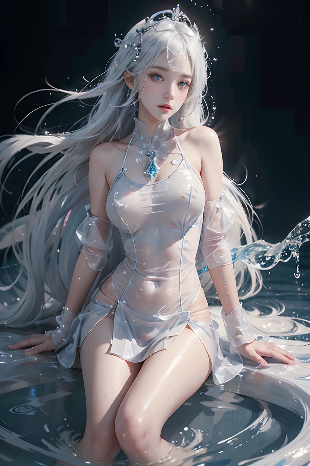 (Hyper Real), (high resolution), (8K), (Very detailed), (Best Illustration), (Beautiful detailed eyes), (Best quality), (Masterpiece), (Detailed face), Solo, (Dynamic pose), boobgasm， White wavy hair on the bed, Japan person, Iris colored eyes, (((Very thin, Clear liquid flow)), Medium breasts, Long legs,Thighs open ,（Transparent miniskirt like water），A woman who is