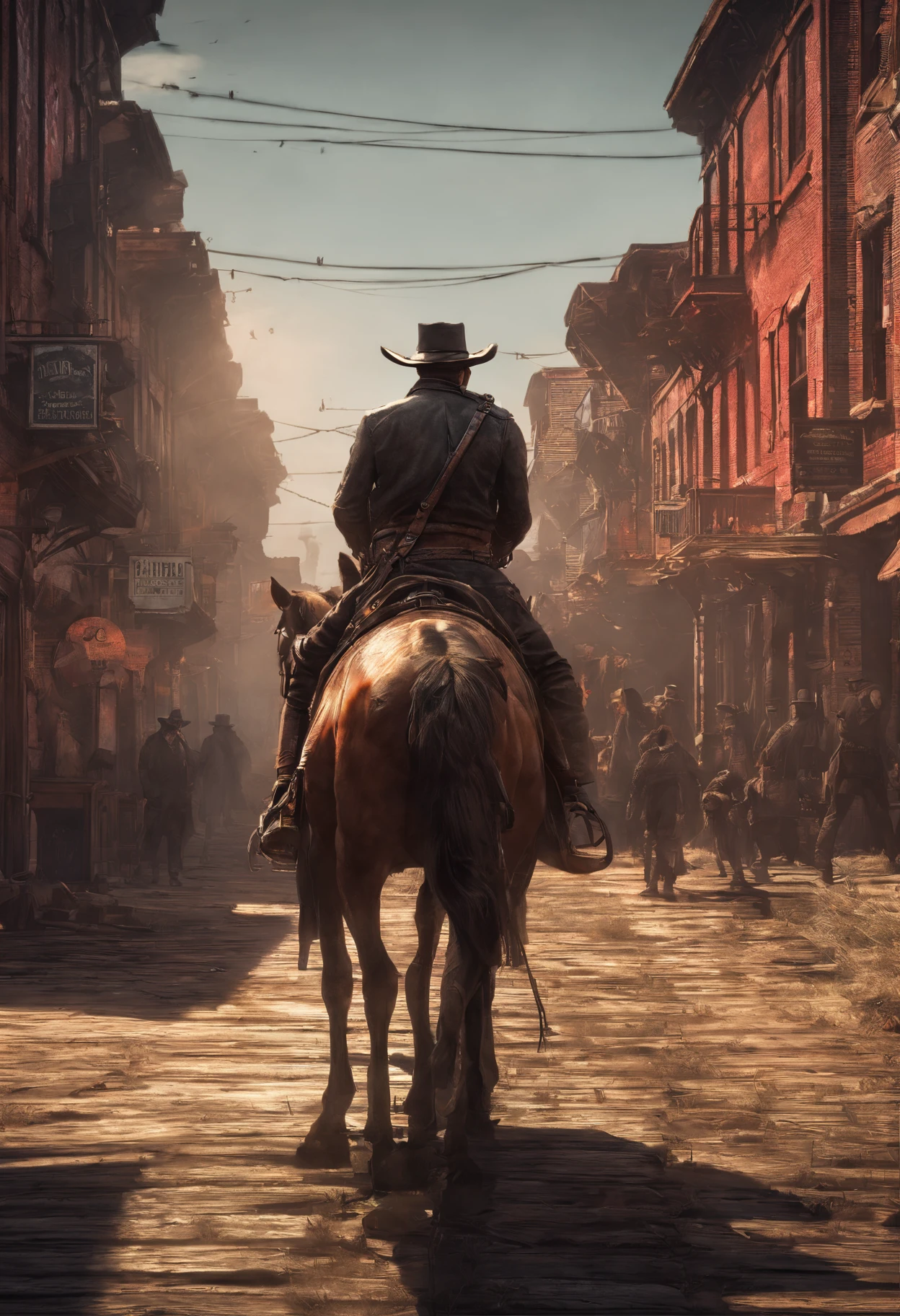 (red dead redemption 2 style,1899 year, 6 outlaws riding horses,gang,art poster,saint Denis city from RDR2 game ,six outlaws.six guys,saint Denis city background)
(best quality,4k,8k,highres,masterpiece:1.2),ultra-detailed,(realistic,photorealistic,photo-realistic:1.37),HDR,UHD,studio lighting,ultra-fine painting,sharp focus,physically-based rendering,extreme detail description,professional,vivid colors,bokeh,portraits
,landscape,horror,anime,sci-fi,photography,concept artists
,red orange,deep shadows, warm tones, vibrant colors
,soft, warm natural light, dramatic highlights and shadows, backlighting