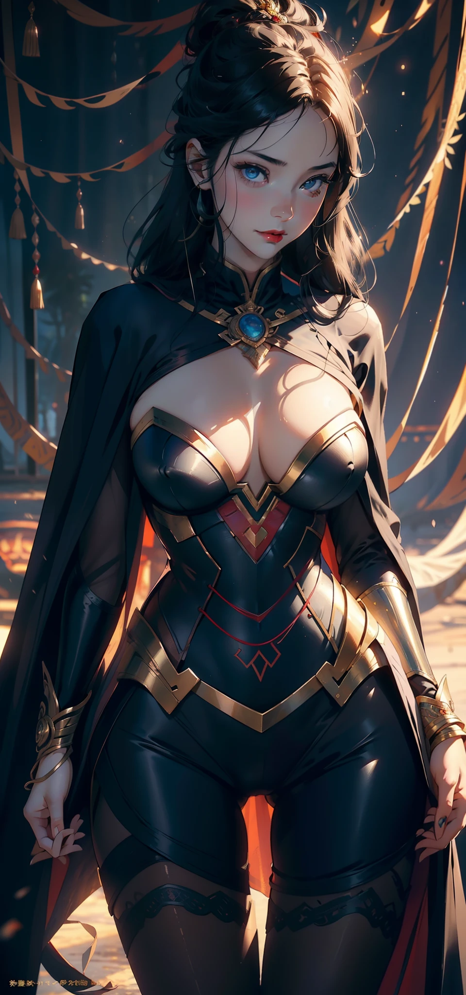 1female,35yo,plumw,extremely large bosom, 独奏,(Background with:the rainforest,lotus flower,Ground area water) She has long black hair,Stand on the plane,,seen from the front, hair straight, mostly cloudy sky,(((tmasterpiece),(Very detailed CG unity 8K wallpaper),best qualtiy,cinmatic lighting,detailed back ground,beatiful detailed eyes,Bright pupils,Blue eyes,Snow-whiteskin,Redlip(Very fine and beautiful),(Beautiful and detailed eye description),ultra - detailed,tmasterpiece,))facing at camera,A high resolution,ultra - detailed),revealing breasts,Bare genitalia, Bulge,legs are open,Raised sexy,Camel toes,Flushed complexion,Desire for dissatisfaction,frontage,wonder women,(Wearing:Cloak,Black pantyhose,Iron Man armor,Gold wire embroidery,Armour,Bare breasts)Victorian style