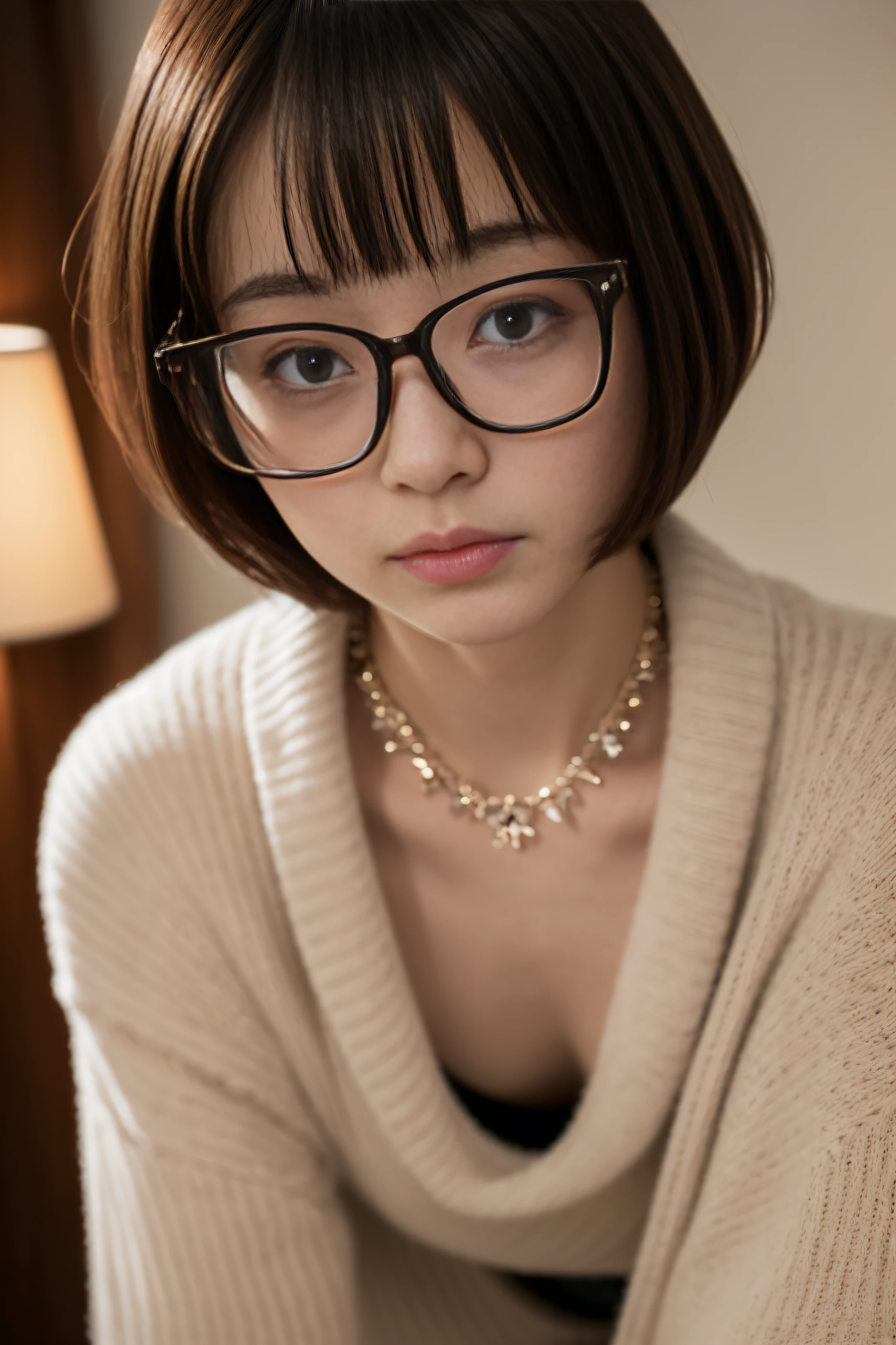 (Best quality, 8k, 32k, Masterpiece, UHD:1.2), (extremely intricate:1.3), (photorealistic:1.4), 18 years old Japanese, geek glasses, blushing, red cheeks, shy face, waifu, very short bob hair, POV, oversized sweater, downblouse, (leaning forward:1.3), necklace, bedroom, from below, looking at the viewer, cinematic lighting, soft focus