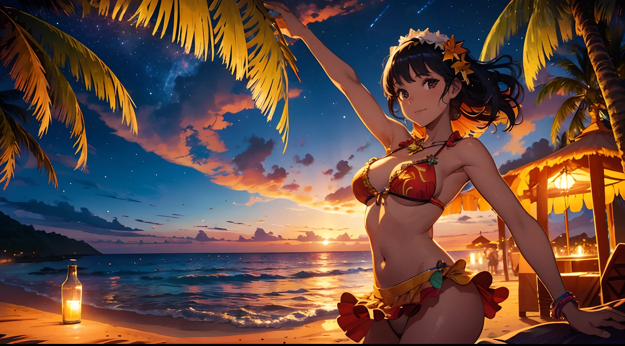 Beautiful young woman dancing to Caribbean songs in a luau with a tropical atmosphere at night, stars, beach in the background, party atmosphere, vibrant colors, panoramic view, intricate details, high definition, high resolution, soft lighting