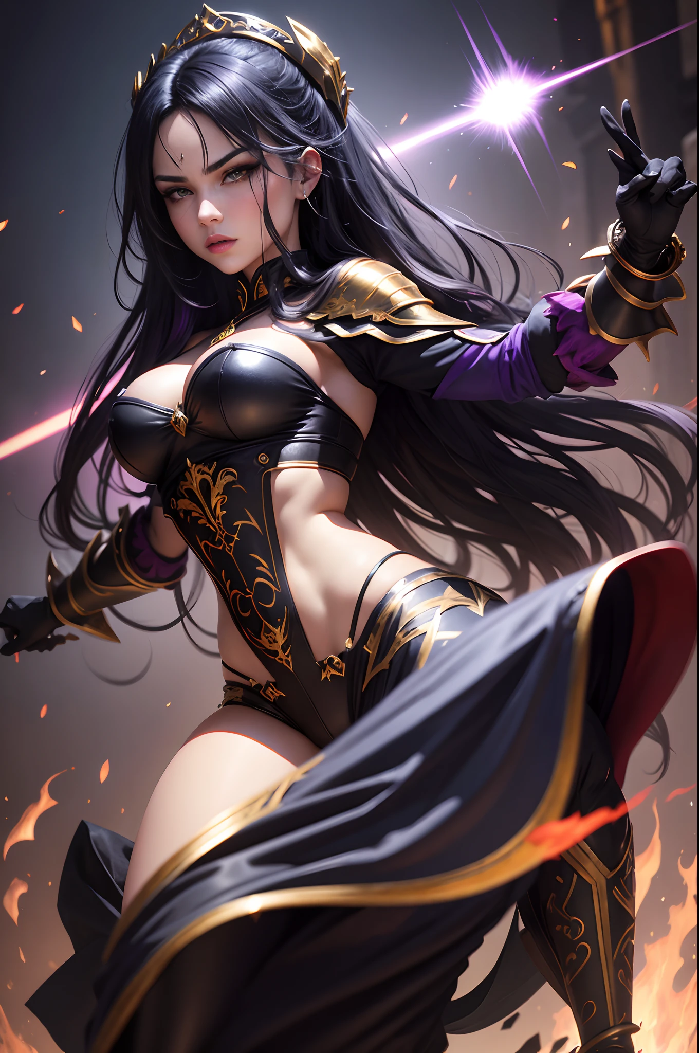 8K,Photorealsitic Raw photography top-quality;1.4) (One adult woman) Super beauty (Lifelike face) long blue-black hair Illusory Empress with Glowing Purple Eyes Aristocratic large-chested exterior of black and silver color Black and gold trousers Golden decoration glares Equipped with a sword at the waist Wearing black leather gloves Ruins Gwaitz style Purple Rouge realisitic Precise details unrealengine Beautiful expression Details of each part A red fireball glows in the palm(effect) 超A high resolution A hyper-realistic enticing Foot Armor real looking skin Fantasy Queen An inviting gaze