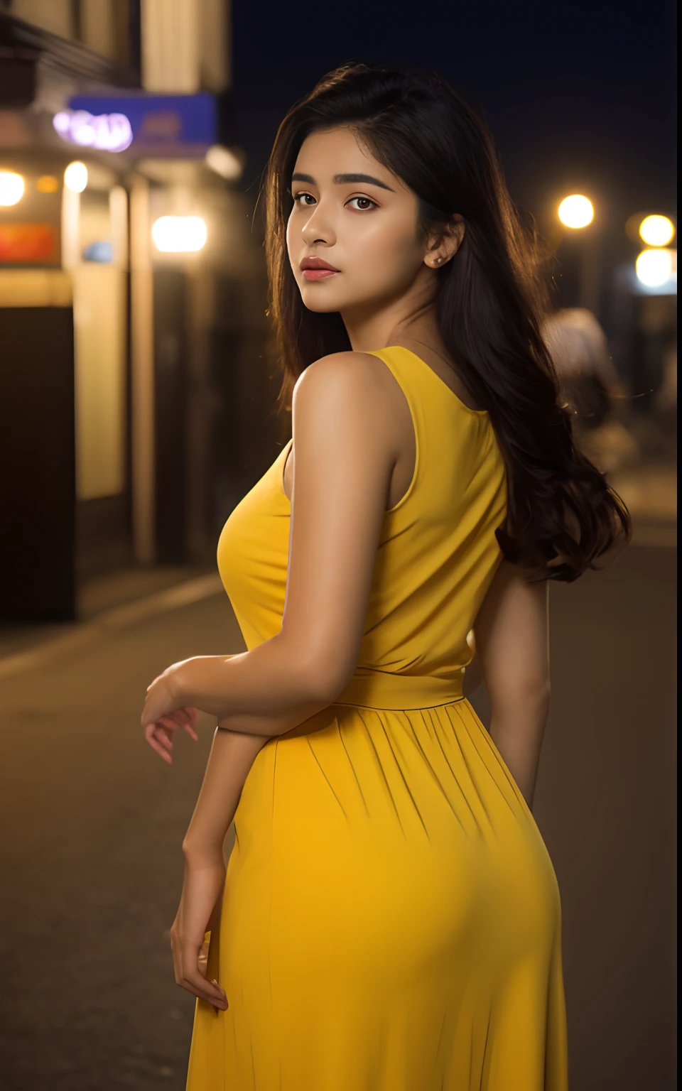 (Realistic lighting, Best quality, 8K, Masterpiece: 1.3)), Focus: 1.2, 1girl, Indian girl, tanned brown skin, Perfect Figure: 1.4, chubby Abs: 1.1, big boobs, big breast, tan skin, indian skin, brown skin, ((black hair)), (yellow dress: 1.4), (Outdoor, Night: 1.1), City streets, Super fine face, Fine eyes, Double eyelids,
