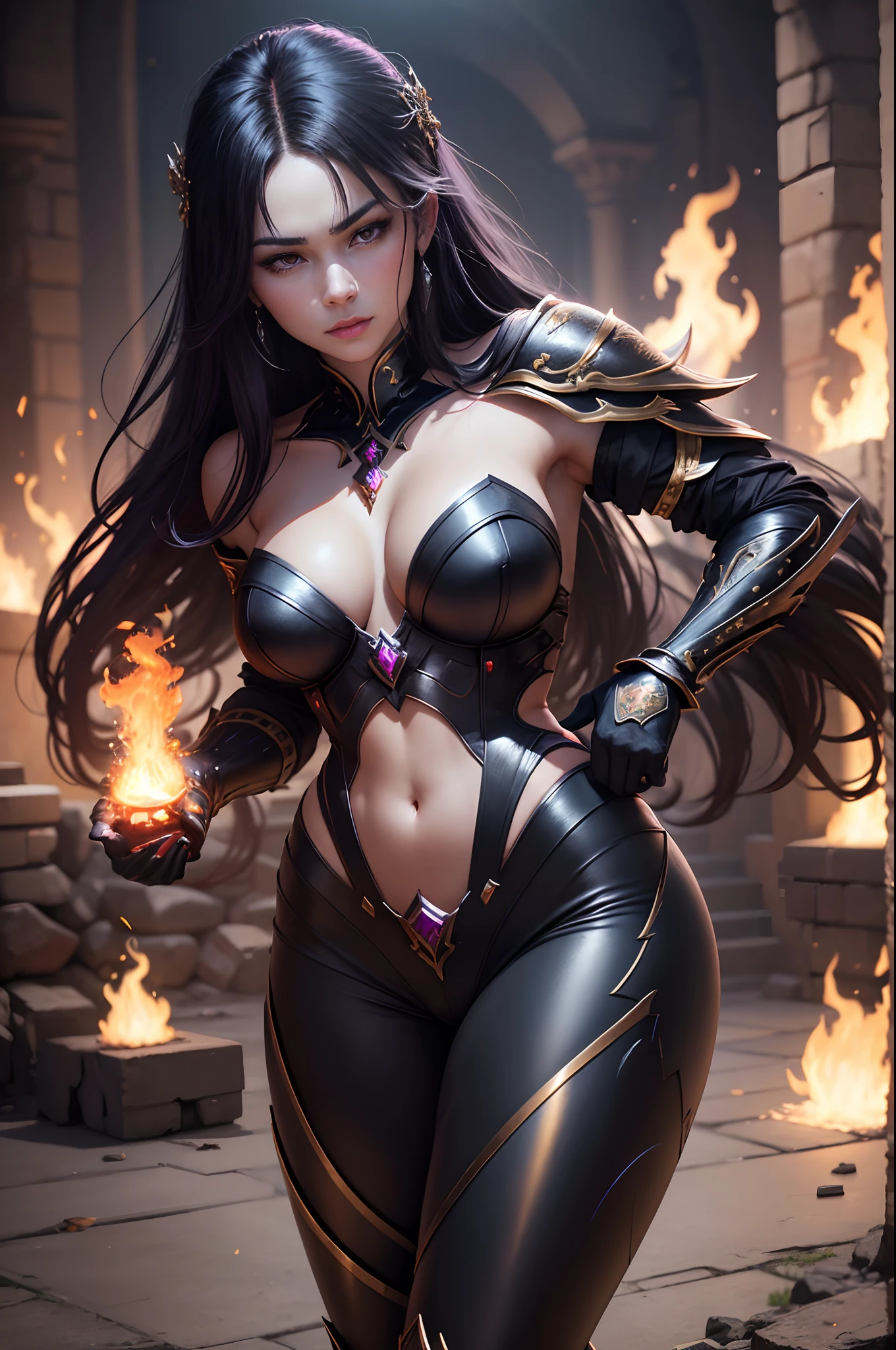 8K,Photorealsitic　Raw photography　top-quality;1.4) 　(One adult woman)　Super beauty　(Lifelike face)　long blue-black hair　Illusory Empress with Glowing Purple Eyes　Aristocratic large-chested exterior of black and silver color　Black and gold trousers　Golden decoration　glares　Equipped with a sword at the waist　Wearing black leather gloves　Ruins　Gwaitz style　Purple Rouge　realisitic　Precise details　unrealengine　Beautiful expression　Details of each part　A red fireball glows in the palm(effect)　超A high resolution　A hyper-realistic　enticing　Foot Armor　real looking skin　Fantasy Queen　An inviting gaze