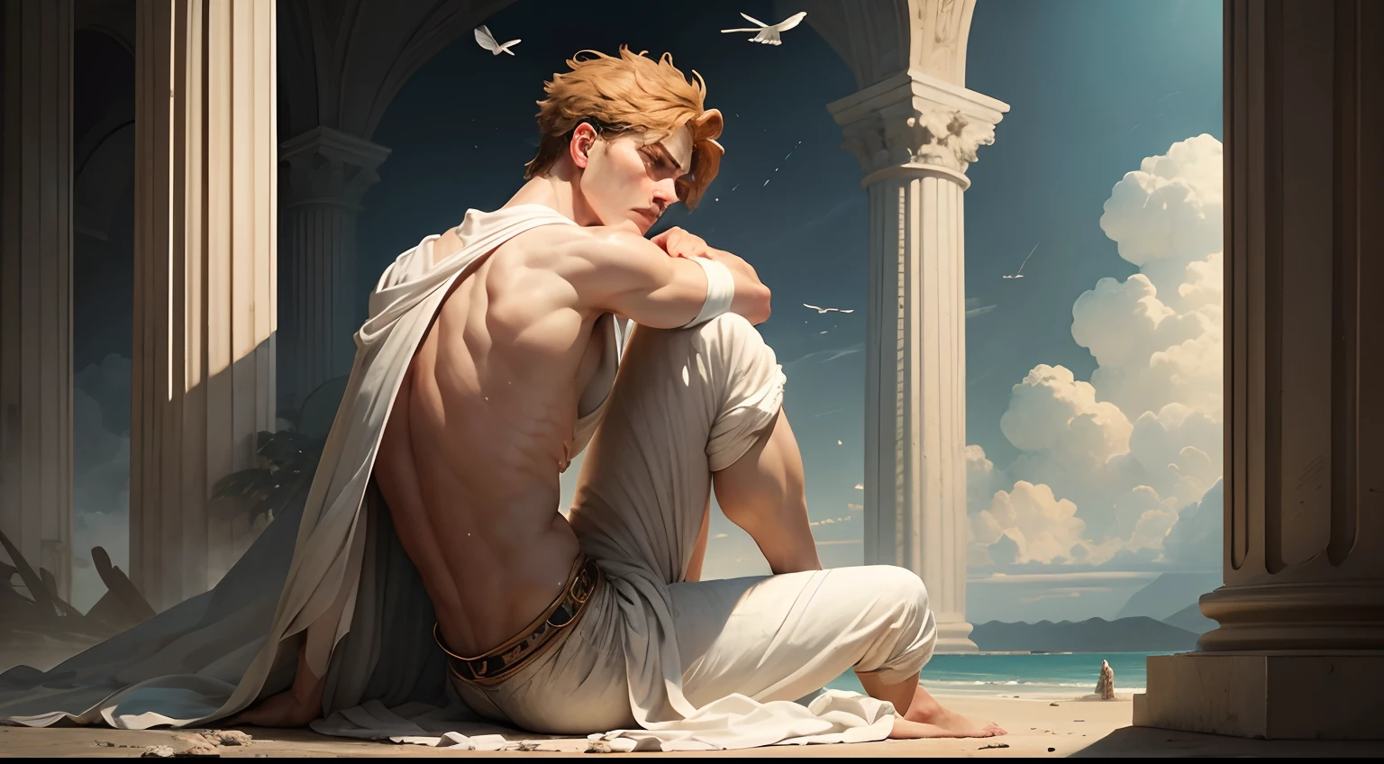 Design an image portraying Daedalus, Icarus's father, watching in anguish as his son's ill-fated flight comes to an end.