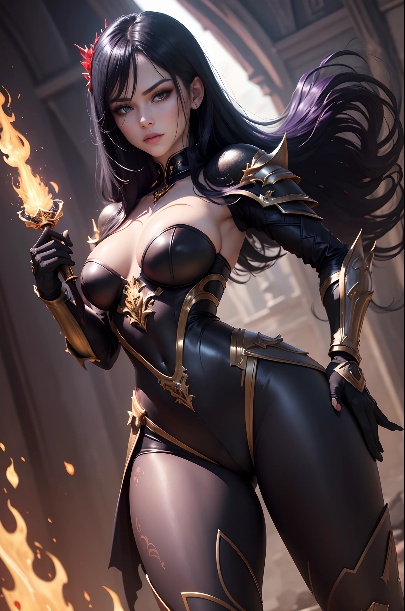 8K,Photorealsitic　Raw photography　top-quality;1.4) 　(One adult woman)　Super beauty　(Lifelike face)　long blue-black hair　Illusory Empress with Glowing Purple Eyes　Aristocratic large-chested exterior of black and silver color　Black and gold trousers　Golden decoration　glares　Equipped with a sword at the waist　Wearing black leather gloves　Ruins　Gwaitz style　Purple Rouge　realisitic　Precise details　unrealengine　Beautiful expression　Details of each part　A red fireball glows in the palm(effect)　超A high resolution　A hyper-realistic　enticing　Foot Armor　real looking skin　Fantasy Queen　An inviting gaze