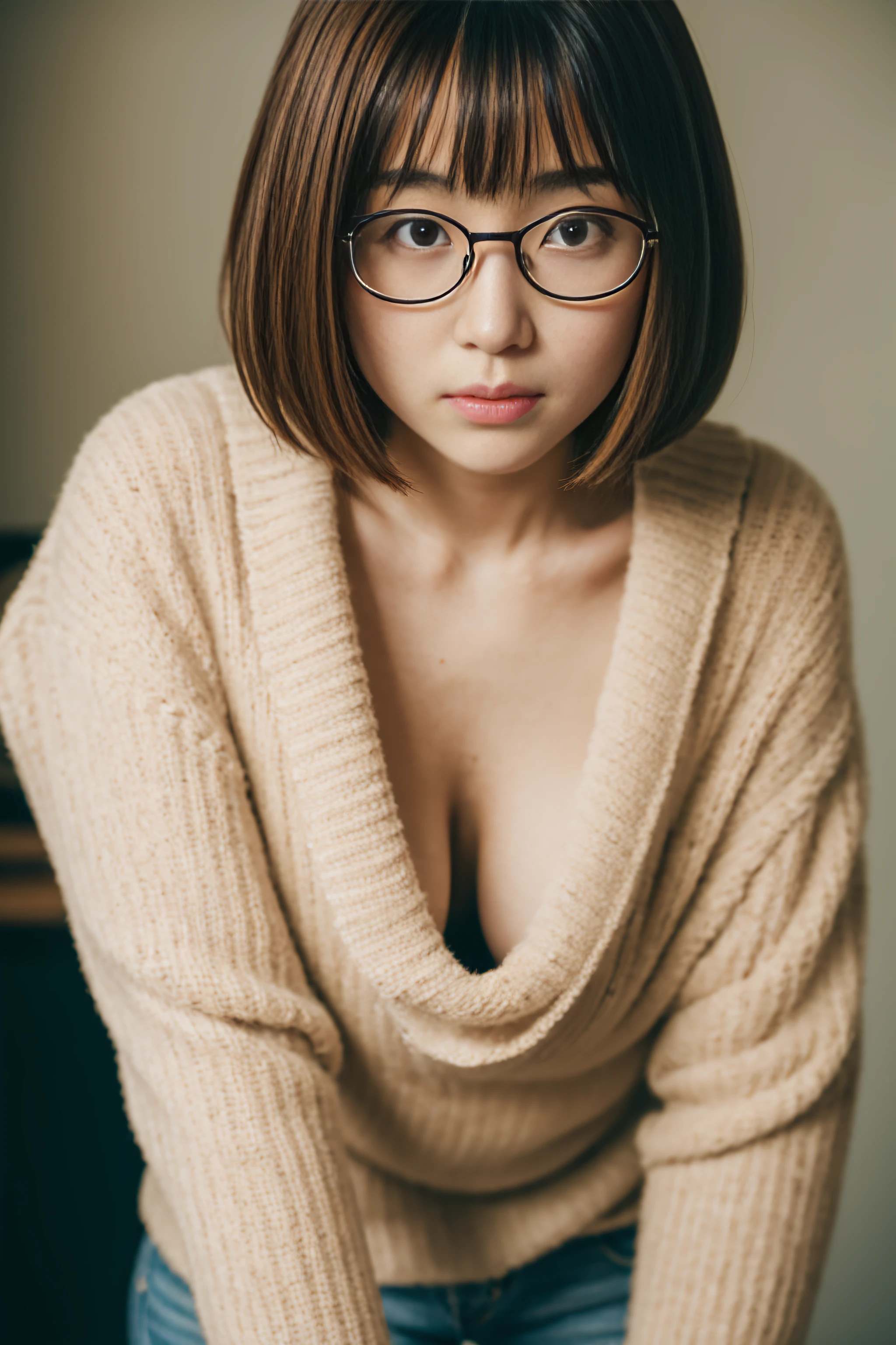 (Best quality, 8k, 32k, Masterpiece, UHD:1.2), (extremely intricate:1.3), (photorealistic:1.4), 18 years old Japanese, geek glasses, blushing, red cheeks, shy face, oppai, waifu, very short bob hair, POV, oversized sweater, downblouse, (leaning forward:1.3), braless, bedroom, from below, looking at the viewer, cinematic lighting, soft focus