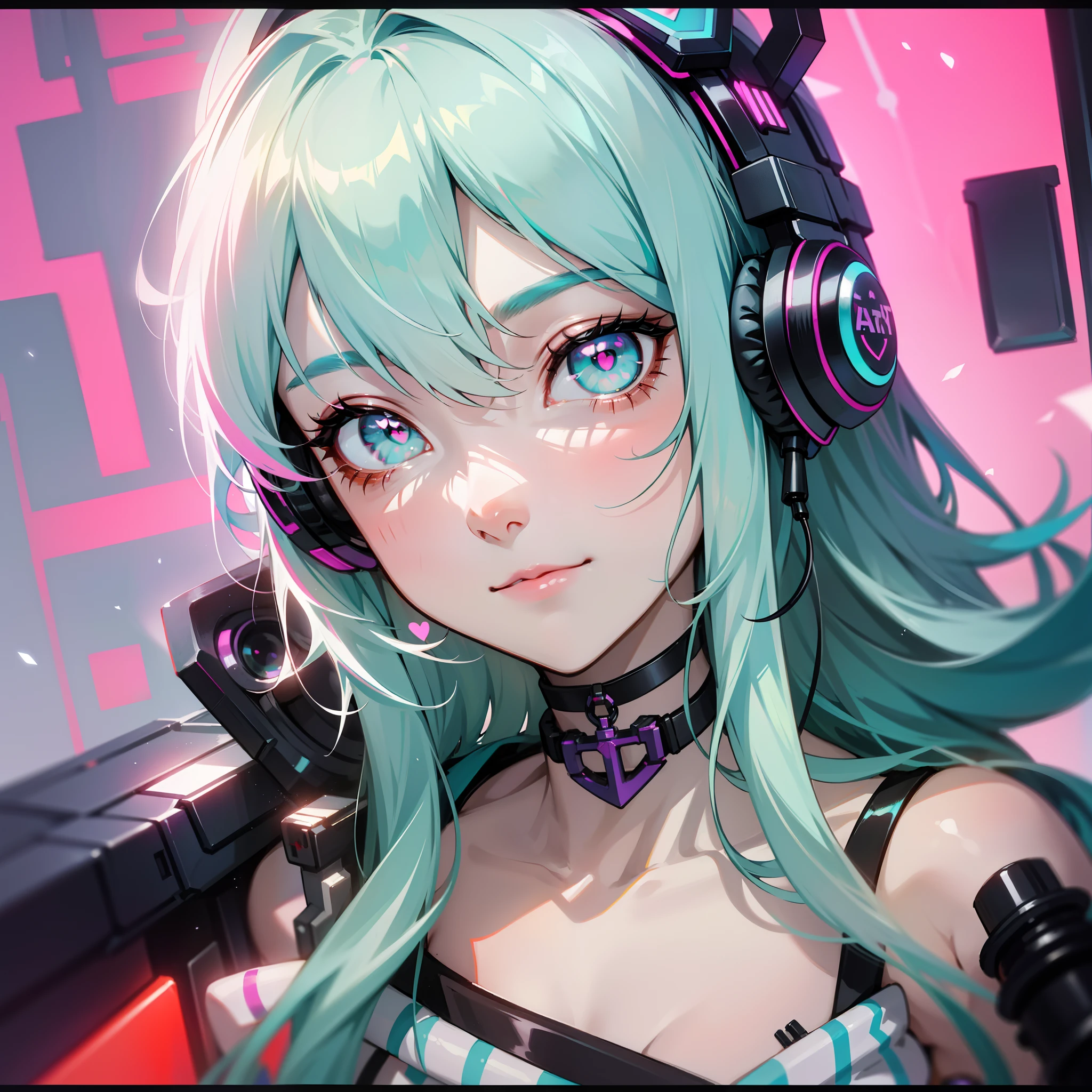 Background bright blue, portrait girl with colorful hair, big headphones, tattoo on neck