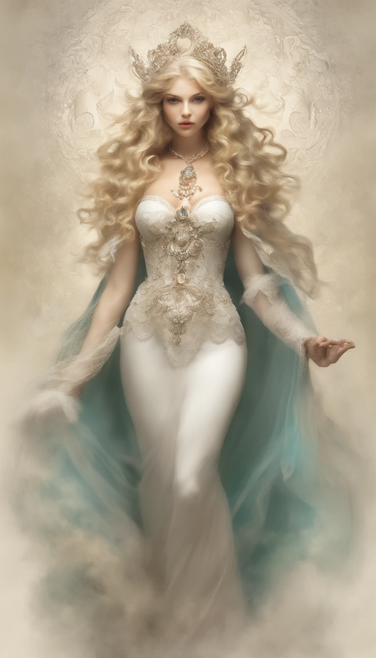 Bild von Luciano Ventrone feat. Marek Okon unter dem Einfluss von Alberto Seveso, inspired by Albrecht Dürer , Gewinner des Zbrush Central-Wettbewerbs, Full body portrait in photorealistic style of embodiment of sensuality and desire, Beautiful noble face, Caucasian blonde goddess of sin, Gorgeous female figure, Schlanker, Trained body, Perfekte Brust, Cubby Lippen, Mystischer Hintergrund, Fantasy durchsichtiges Outfit von Jean Paul Gaultier feat. Muccia Prada, Eisblaue Augen, a beautiful crystal decorated, Goddess beautiful body, Meisterwerk, durchsichtig,(Haltung:1.1),Dramatische Beleuchtung