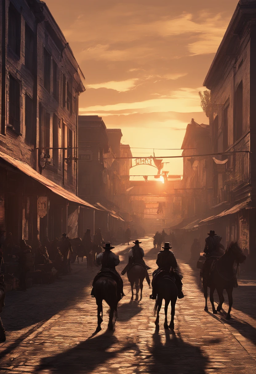 (red dead redemption 2 style,1899 year, 6 outlaws riding horses,gang,art poster,saint Denis city from RDR2 game ,six outlaws.six guys,saint Denis city background。)
(best quality,4k,8k,highres,masterpiece:1.2),ultra-detailed,(realistic,photorealistic,photo-realistic:1.37),HDR,UHD,studio lighting,ultra-fine painting,sharp focus,physically-based rendering,extreme detail description,professional,vivid colors,bokeh,portraits
,landscape,horror,anime,sci-fi,photography,concept artists
,red orange,deep shadows, warm tones, vibrant colors
,soft, warm natural light, dramatic highlights and shadows, backlighting