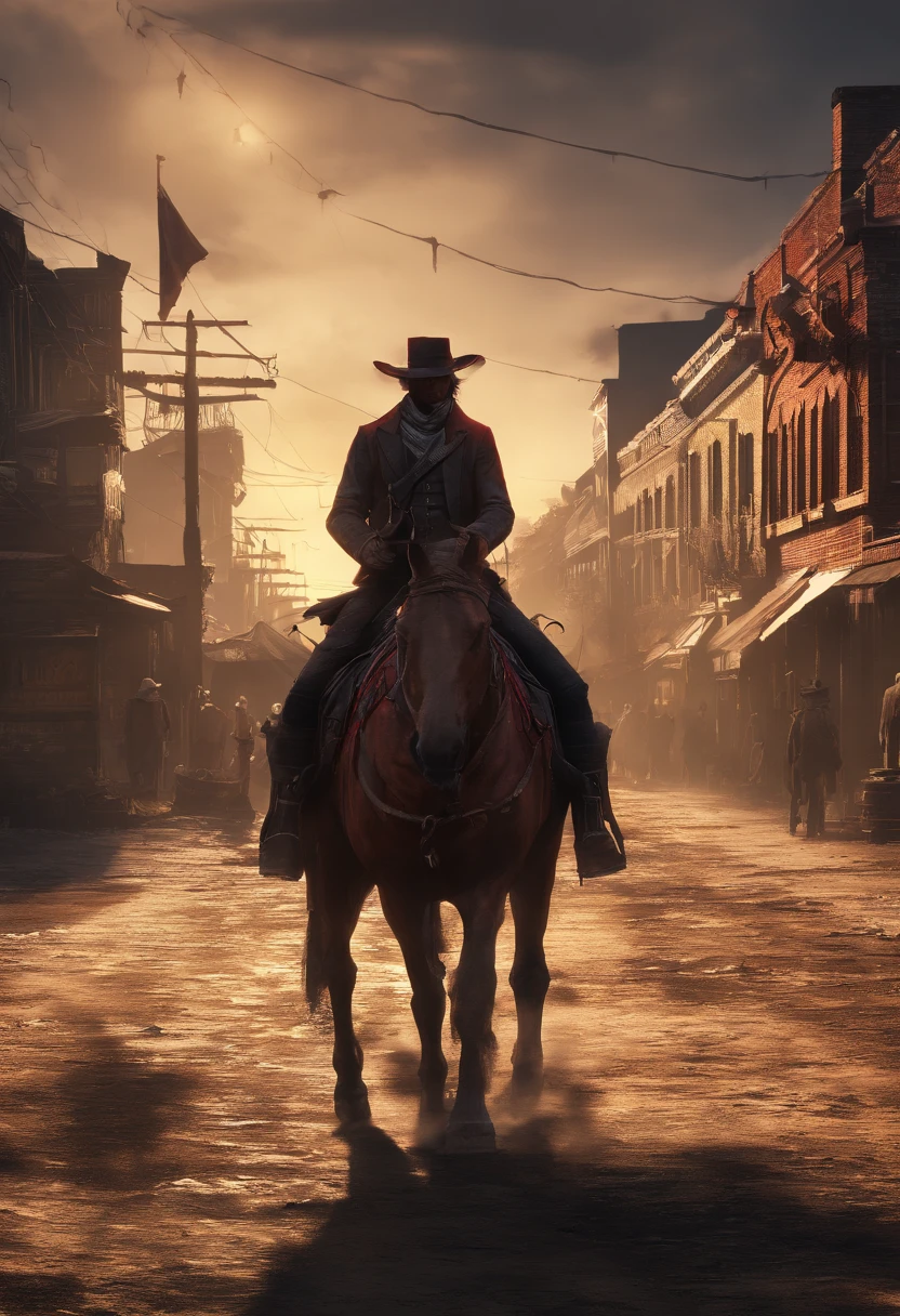 (red dead redemption 2 style,1899 year, 6 outlaws riding horses,gang,art poster,saint Denis city from RDR2 game ，six outlaws.six guys，saint Denis city background)。

(best quality,4k,8k,highres,masterpiece:1.2),ultra-detailed,(realistic,photorealistic,photo-realistic:1.37),HDR,UHD,studio lighting,ultra-fine painting,sharp focus,physically-based rendering,extreme detail description,professional,vivid colors,bokeh,portraits

,landscape,horror,anime,sci-fi,photography,concept artists

,red orange,deep shadows, warm tones, vibrant colors

,soft, warm natural light, dramatic highlights and shadows, backlighting