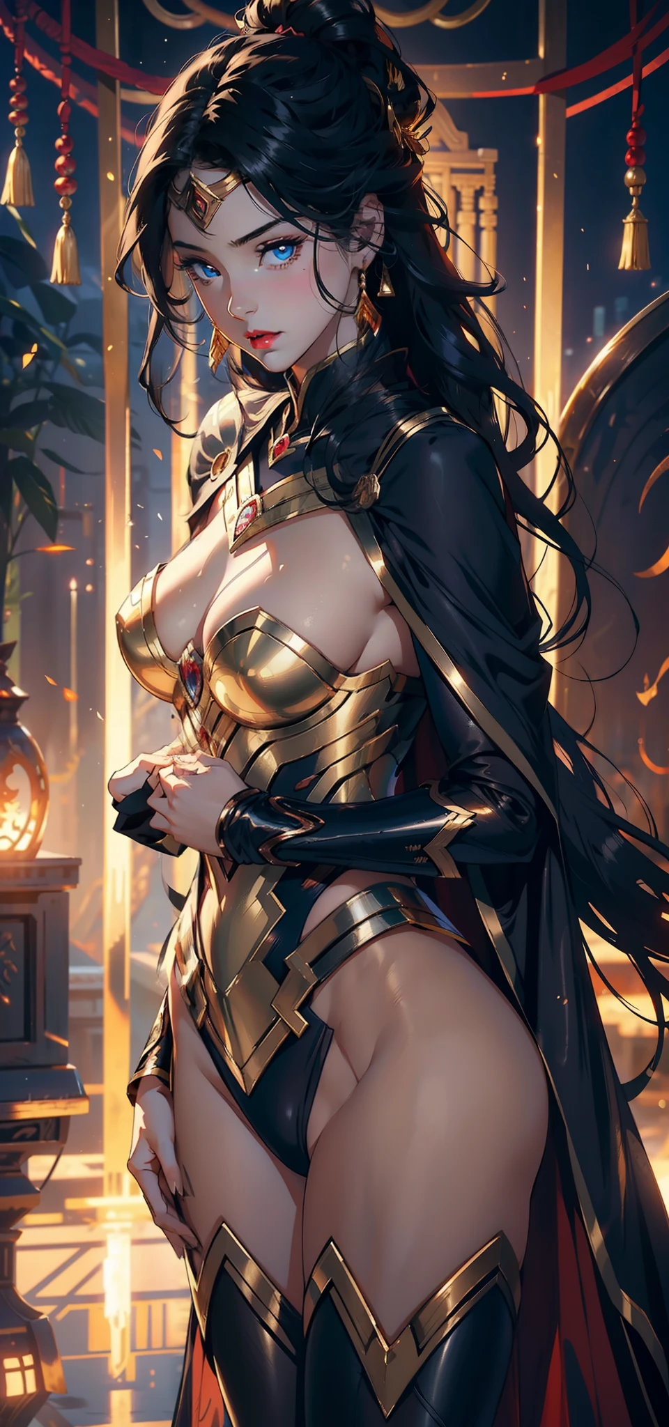 1female，35yo，plumw，extremely large bosom， 独奏，（Background with：the rainforest，lotus flower，Ground area water） She has long black hair，Stand on the plane，，seen from the front， hair straight， mostly cloudy sky，（（（tmasterpiece），（Very detailed CG unity 8K wallpaper），best qualtiy，cinmatic lighting，detailed back ground，beatiful detailed eyes，Bright pupils，Blue eyes，Snow-whiteskin，Redlip（Very fine and beautiful），（Beautiful and detailed eye description），ultra - detailed，tmasterpiece，））facing at camera，A high resolution，ultra - detailed），revealing breasts，Bare genitalia，  Bulge，legs are open，Raised sexy，Camel toes，Flushed complexion，Desire for dissatisfaction，frontage，Gold Saint Seiya，wonder women，（Wearing：Cloak，Black pantyhose，Iron Man armor，Gold wire embroidery，Armour，Bare breasts）Ancient Indian style