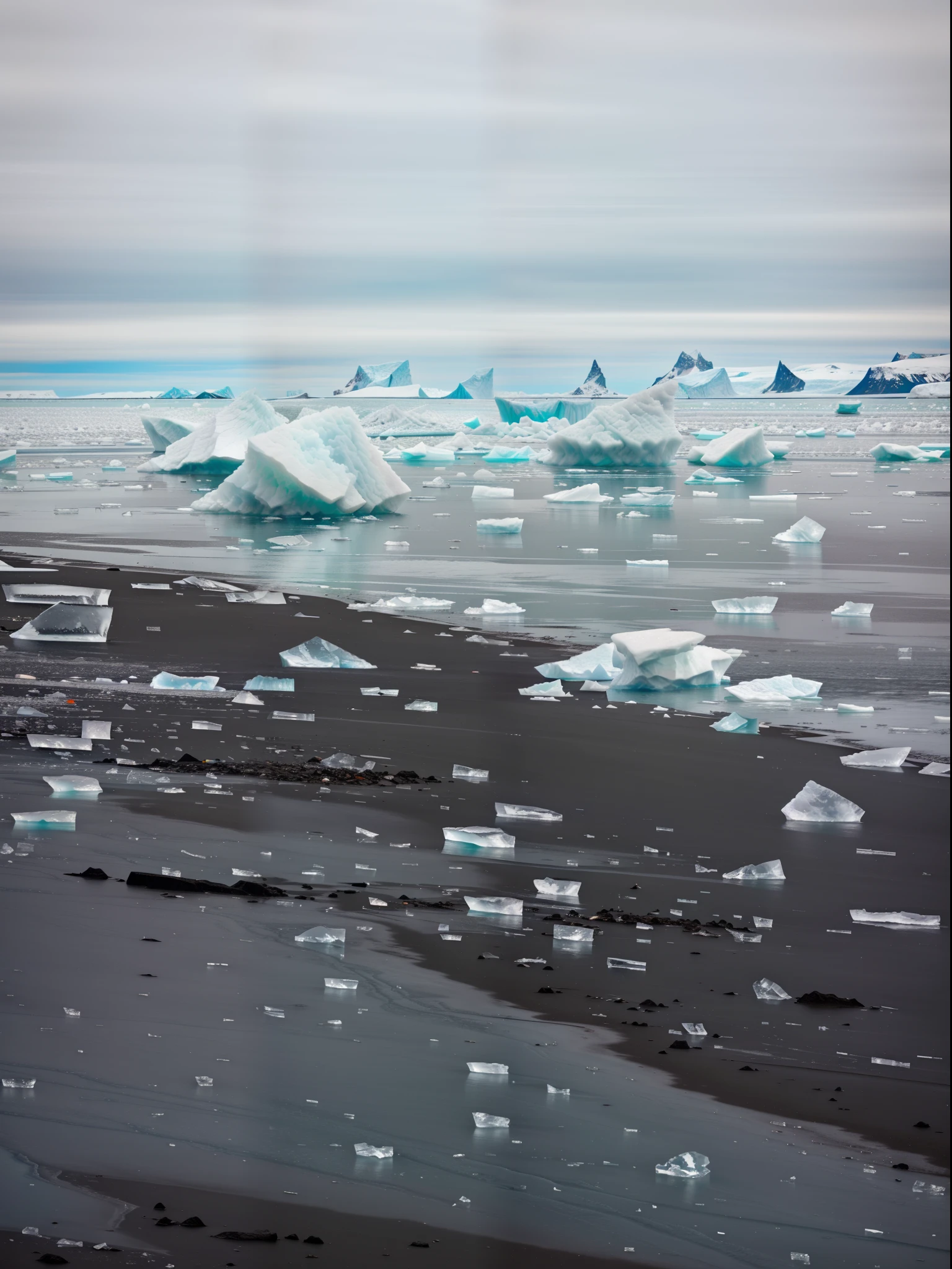 There are many icebergs on the beach near the water, icy mountains in the background, ice and glaciers, Icebergs, icy glaciers, glaciers and ice and snow, Black sand, icy mountains in the background, Ice cubes around, glacier, iceland photography, icy, ice shards, ice mountains afar, Frozen sea, iceland, mountains made out of icebergs