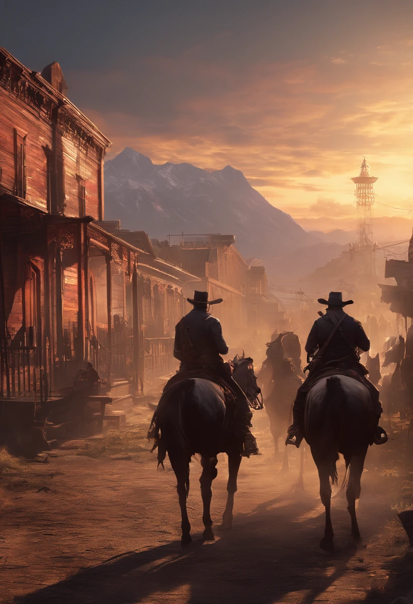 (red dead redemption 2 style,1899 year, 6 outlaws riding horses,gang,art poster,saint Denis city from RDR2 game ,six outlaws.six guys,saint Denis city background)。
(best quality,4k,8k,highres,masterpiece:1.2),ultra-detailed,(realistic,photorealistic,photo-realistic:1.37),HDR,UHD,studio lighting,ultra-fine painting,sharp focus,physically-based rendering,extreme detail description,professional,vivid colors,bokeh,portraits
,landscape,horror,anime,sci-fi,photography,concept artists
,red orange,deep shadows, warm tones, vibrant colors
,soft, warm natural light, dramatic highlights and shadows, backlighting