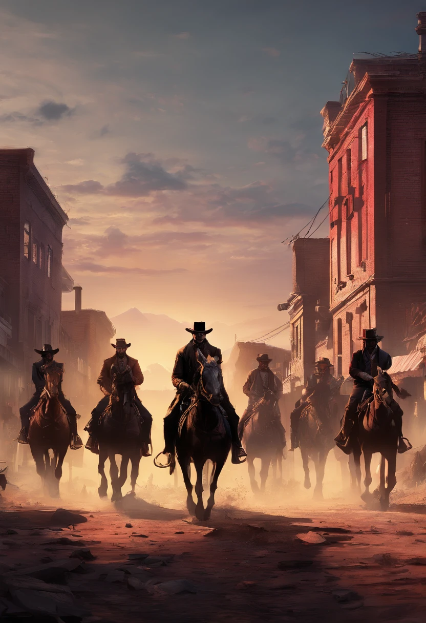 (red dead redemption 2 style,1899 year, 6 outlaws riding horses,gang,art poster,saint Denis city from RDR2 game ,six outlaws.six guys,saint Denis city background)。
(best quality,4k,8k,highres,masterpiece:1.2),ultra-detailed,(realistic,photorealistic,photo-realistic:1.37),HDR,UHD,studio lighting,ultra-fine painting,sharp focus,physically-based rendering,extreme detail description,professional,vivid colors,bokeh,portraits
,landscape,horror,anime,sci-fi,photography,concept artists
,red orange,deep shadows, warm tones, vibrant colors
,soft, warm natural light, dramatic highlights and shadows, backlighting