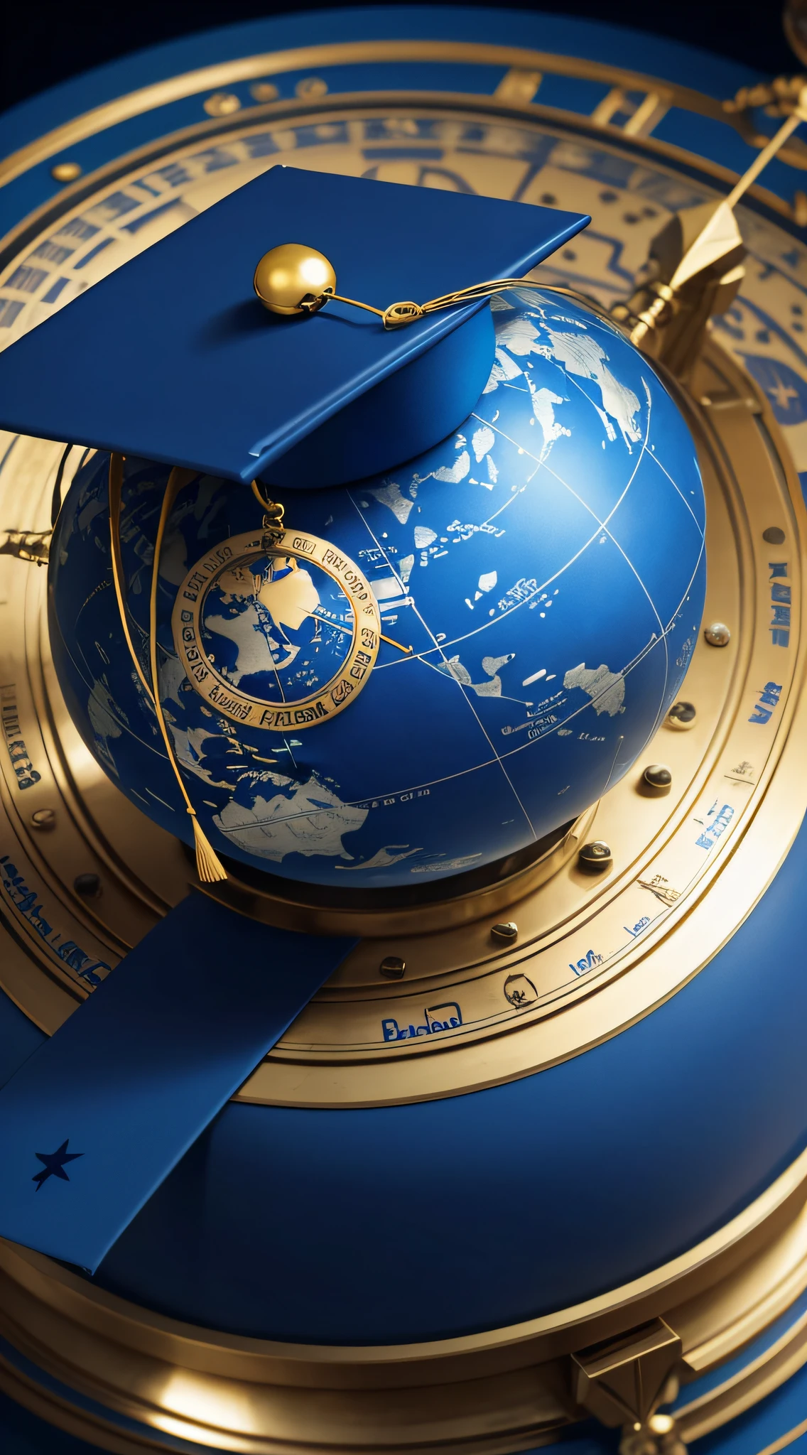 A blue globe with a graduation cap and icons, estudante no formato futuristico