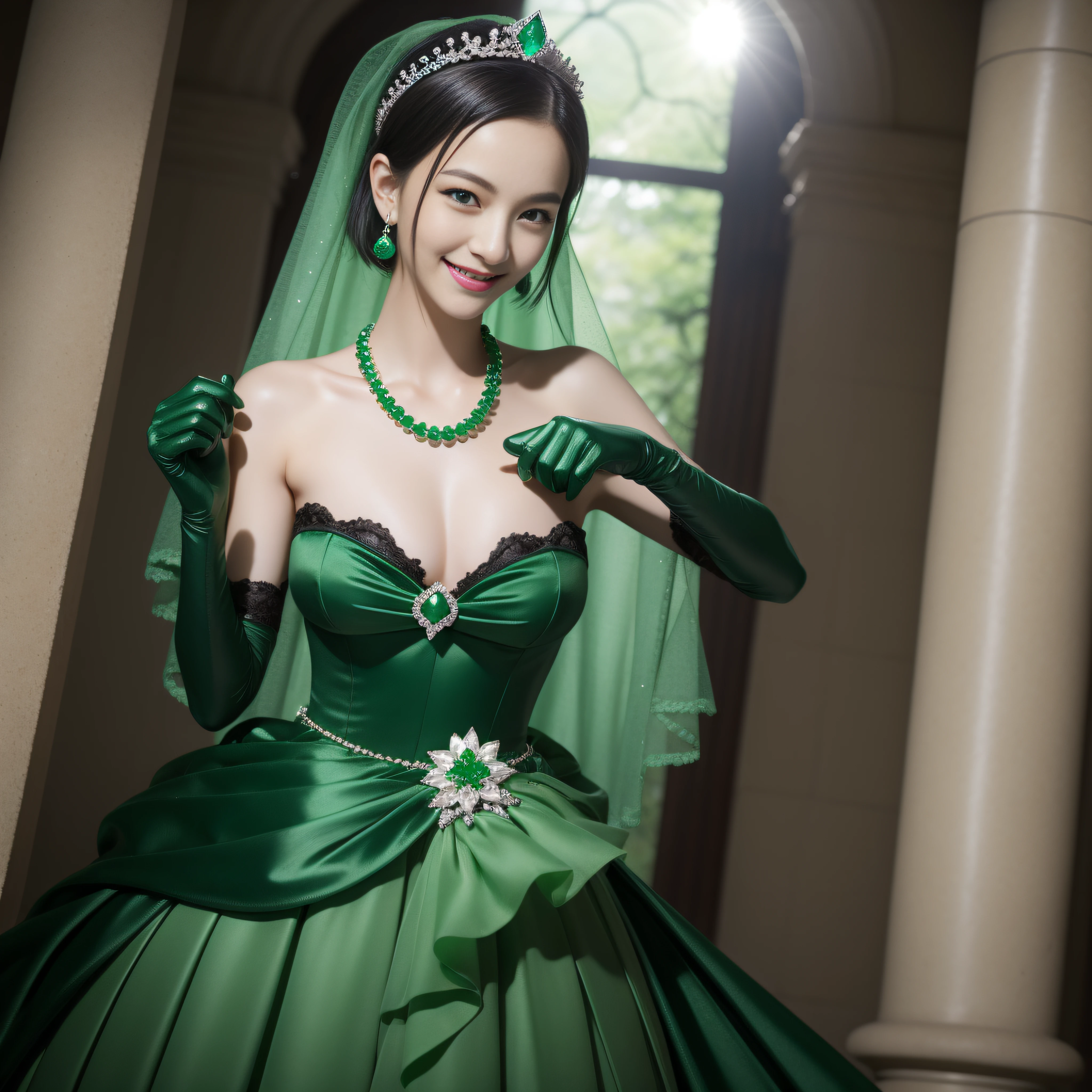 emerald tiara, Green Pearl Necklace, Boyish very short black hair, lipsticks, Japan woman smiling, Long green gloves made of satin material, very short short hair