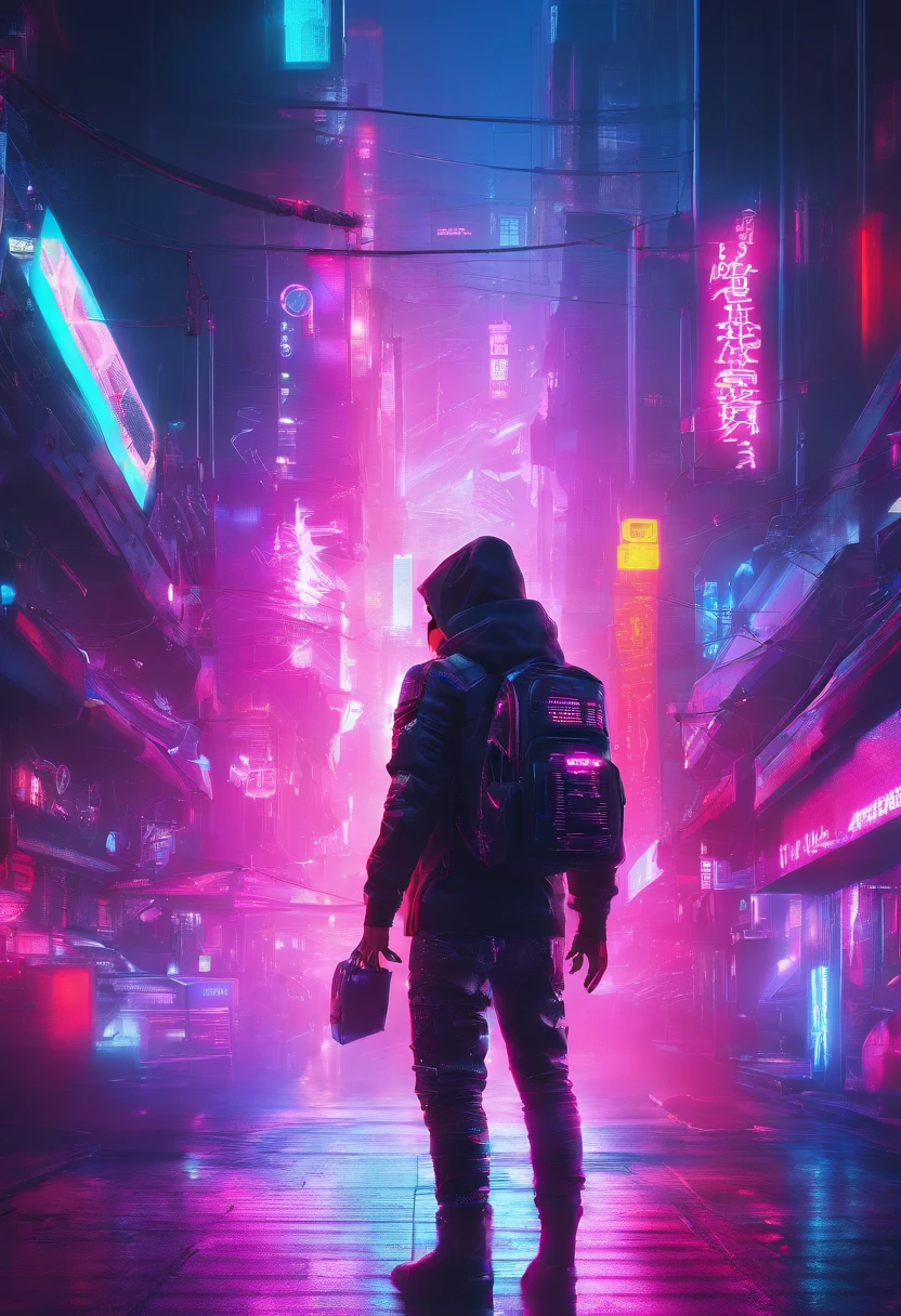 8k,Fine picture quality,Future street background,A cyberpunk boy,Carry this futuristic technology backpack,Camera of the future in hand,Back Shadow