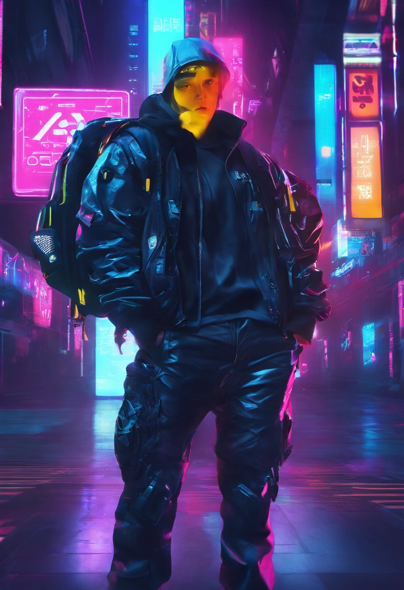 8k，Fine picture quality，Future street background，A cyberpunk boy，Carry this futuristic technology backpack，Camera of the future in hand，Back Shadow