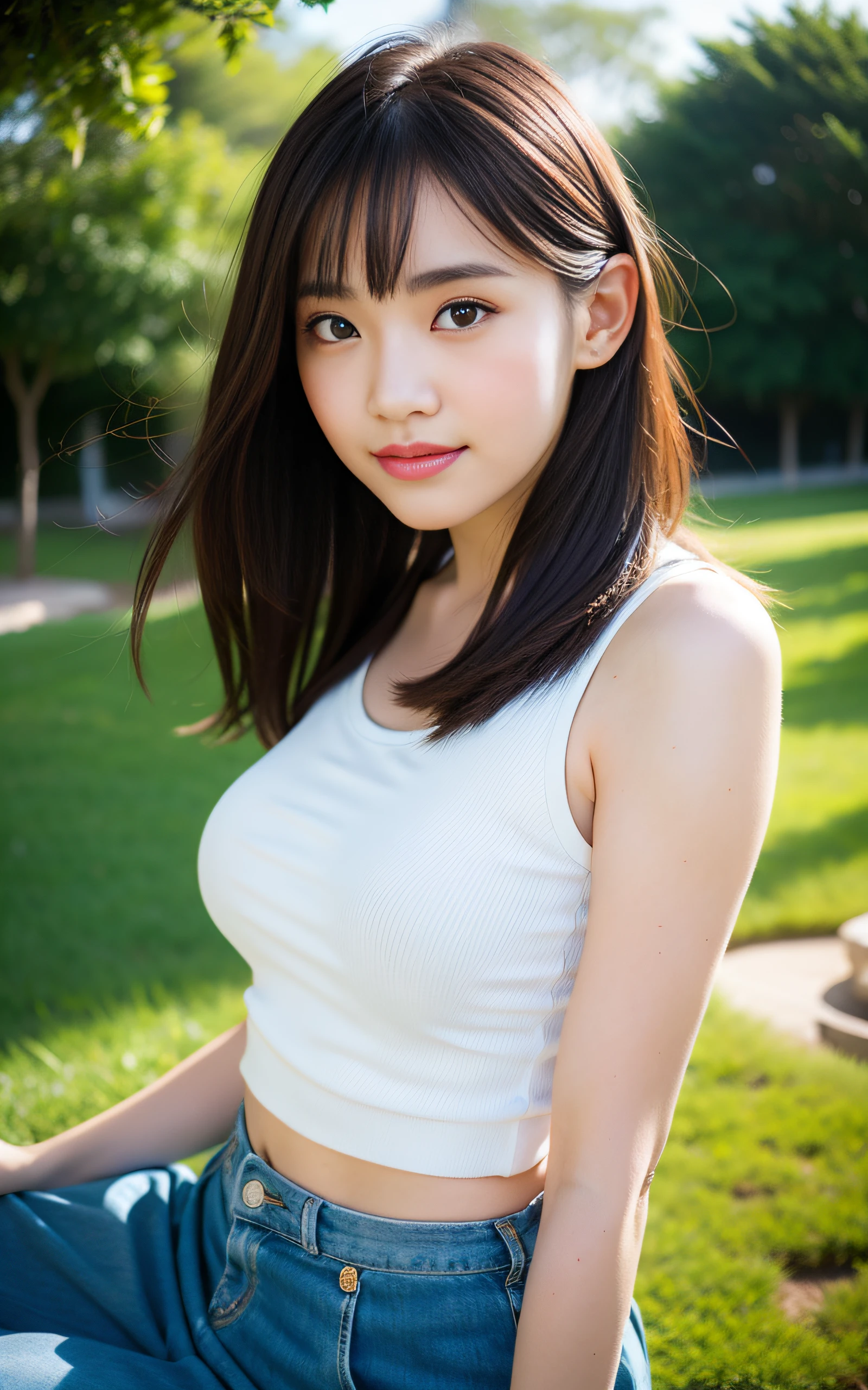 (masterpiece, highest quality:1.4), Award-winning portraits, 8k, 85mm, alone, Beautiful Face, Delicate girl, (On the grass), Sophisticated, cute, 15 years old, RAW Photos, Confused, High resolution, Sharp focus, Background Blur、(((Flat Thin and delicate body、Childish atmosphere)))、shiny semi-long hair、Mole on the left cheek、 Deep blue eyes, hair blowing in the wind、sexy、flexible legs