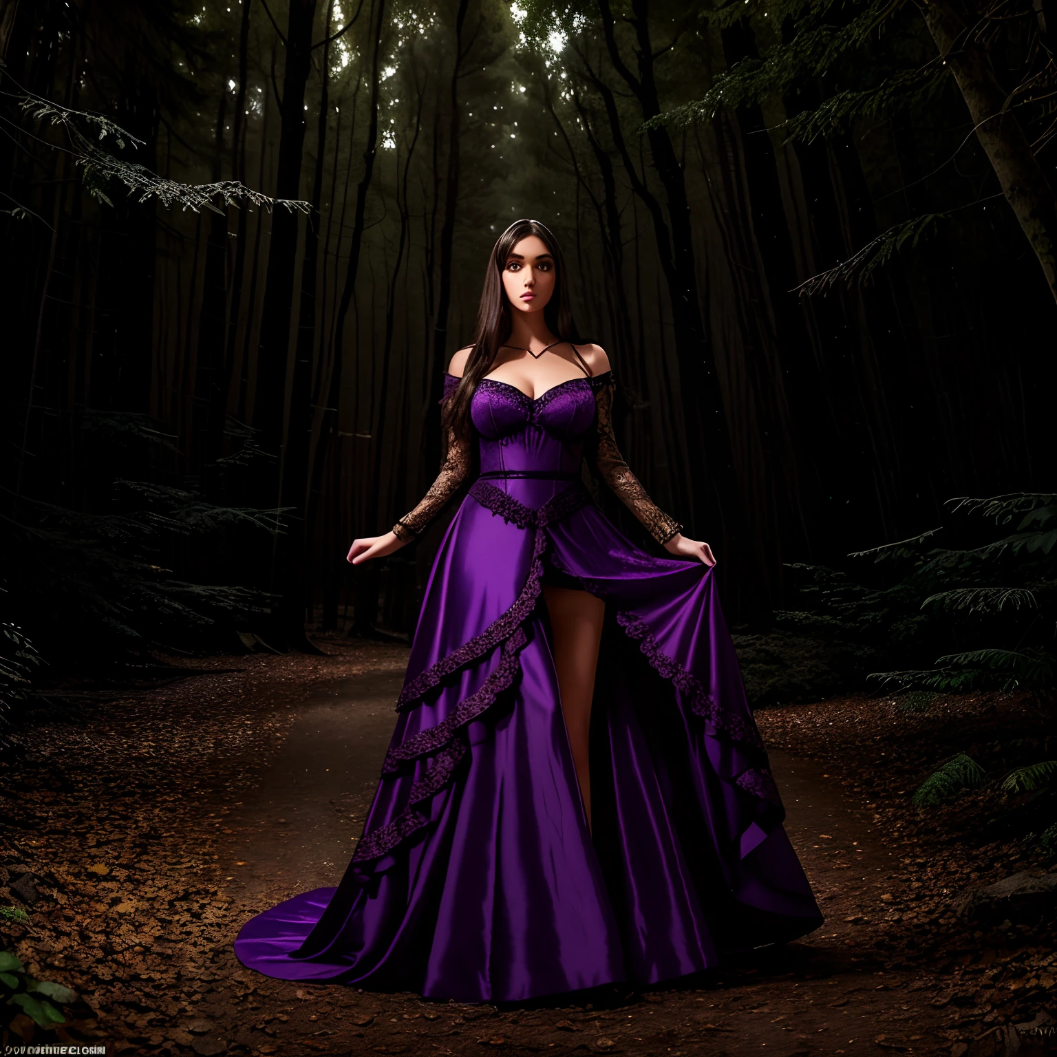 Model Experience Brunette Girl (( solo)) , with a face and body like Jenna Jenovich , dressed in a purple gothic dress , It stands in full growth against the background of the night forest , Her shoes are visible  , Front light , The whole dress is embroidered , Very detailed golden patterns on a purple dress , Very beautiful night forest.