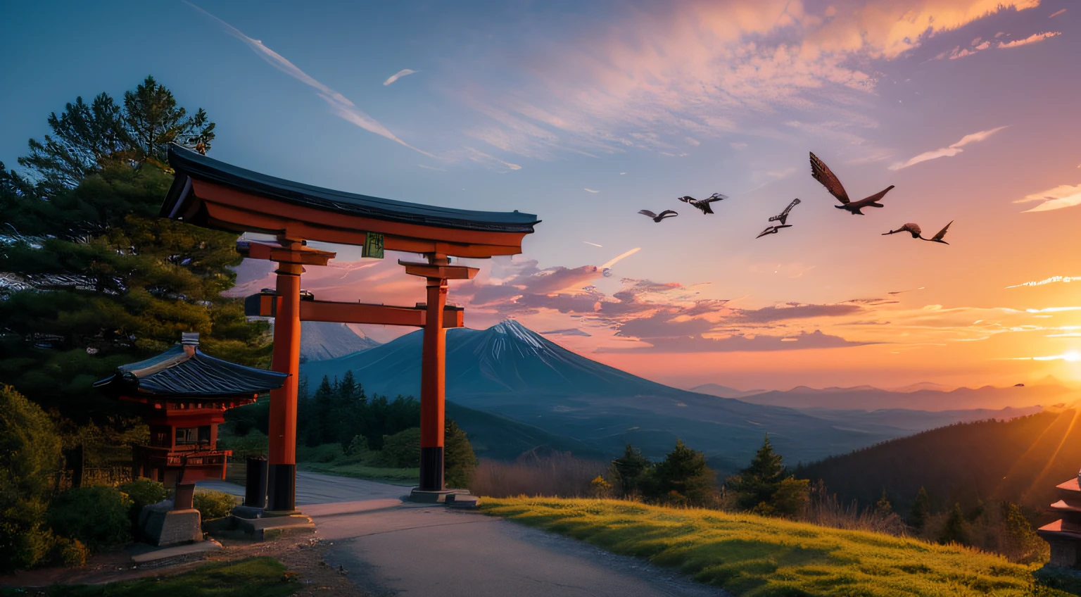 sunrises, mountainous, the woods, torii gate, flying birds, colorful skies, detailliert, Convoluted, nffsw, FUJI XT3
