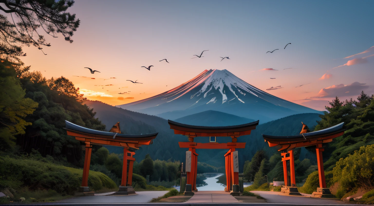 sunrises, mountainous, the woods, torii gate, flying birds, colorful skies, detailliert, Convoluted, nffsw, FUJI XT3