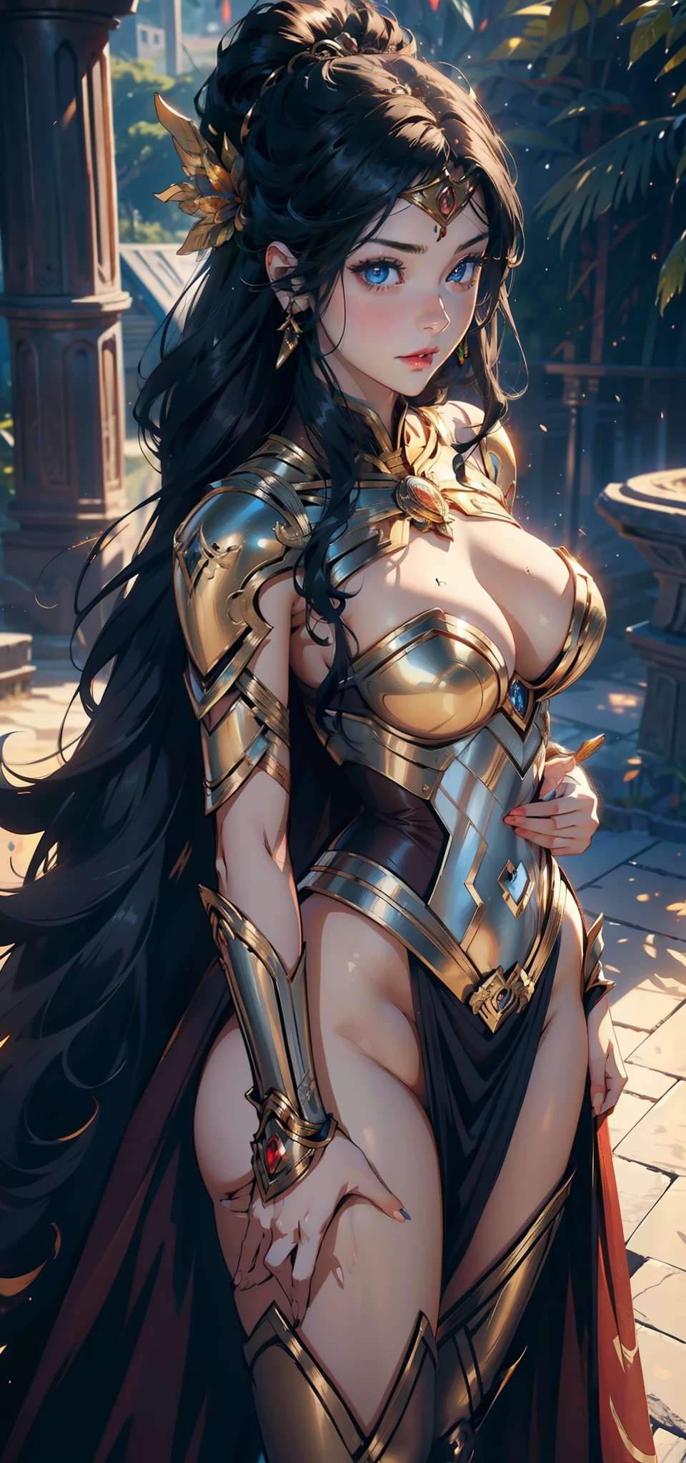 1female,35yo,plumw,extremely large bosom, 独奏,(Background with:the rainforest,lotus flower,Ground area water) She has long black hair,Stand on the plane,,seen from the front, hair straight, mostly cloudy sky,(((tmasterpiece),(Very detailed CG unity 8K wallpaper),best qualtiy,cinmatic lighting,detailed back ground,beatiful detailed eyes,Bright pupils,Blue eyes,Snow-whiteskin,Redlip(Very fine and beautiful),(Beautiful and detailed eye description),ultra - detailed,tmasterpiece,))facing at camera,A high resolution,ultra - detailed),revealing breasts,Bare genitalia, Bulge,legs are open,Raised sexy,Camel toes,Flushed complexion,Desire for dissatisfaction,frontage,Gold Saint Seiya,wonder women,(Wearing:Cloak,Black pantyhose,Iron Man armor,Gold wire embroidery,Armour,Bare breasts)Ancient Indian style