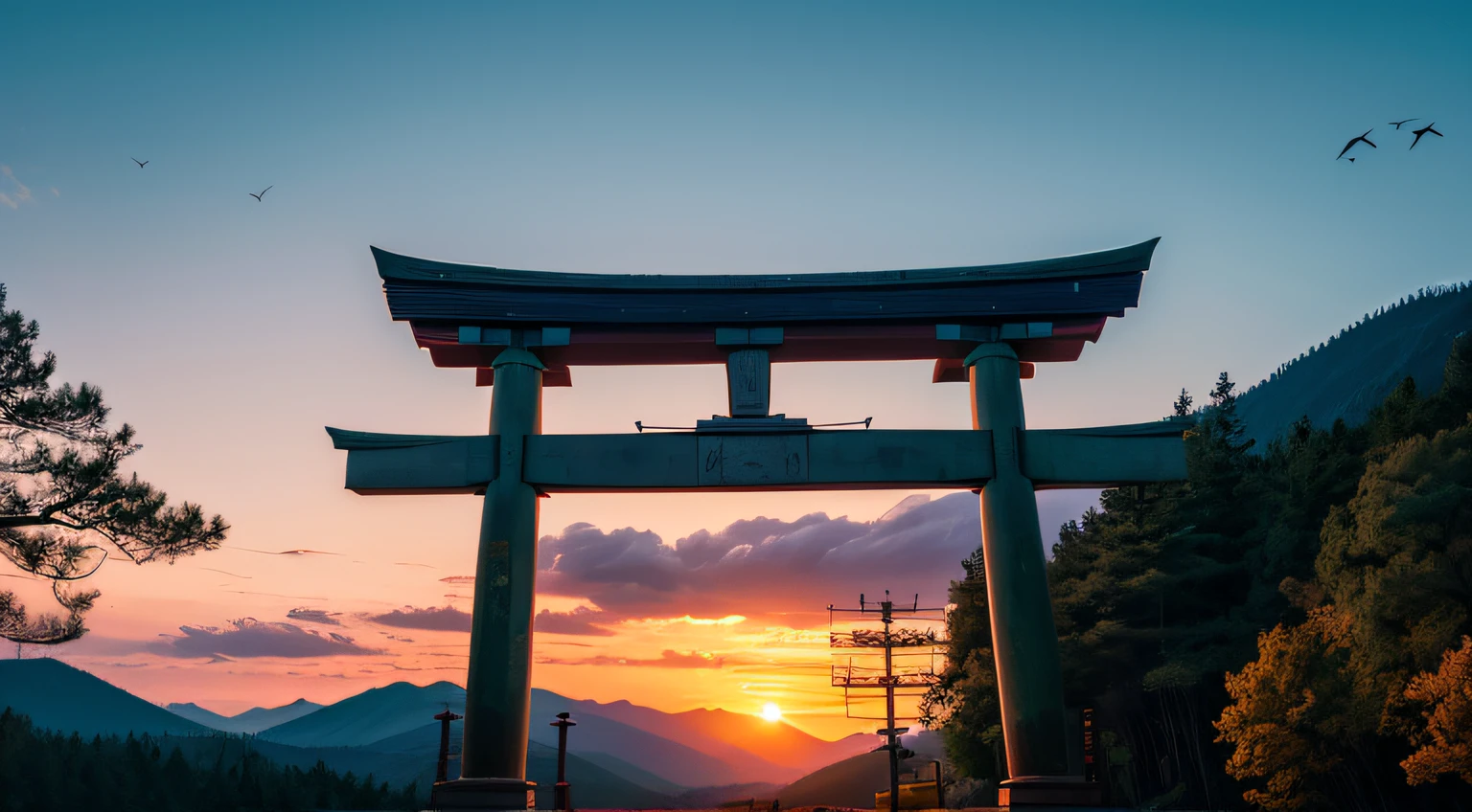 sunrises, mountainous, the woods, torii gate, flying birds, colorful skies, detailliert, Convoluted, nffsw, FUJI XT3