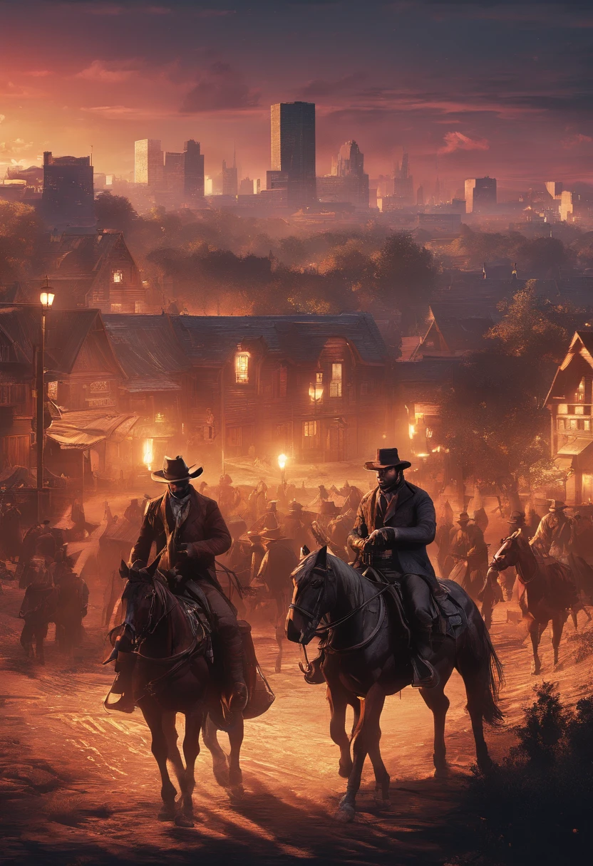 (red dead redemption 2 style,1899 year, 6 outlaws riding horses,gang,art poster,saint Denis city from RDR2 game ，six outlaws.six guys，saint Denis city background)。

(best quality,4k,8k,highres,masterpiece:1.2),ultra-detailed,(realistic,photorealistic,photo-realistic:1.37),HDR,UHD,studio lighting,ultra-fine painting,sharp focus,physically-based rendering,extreme detail description,professional,vivid colors,bokeh,portraits

,landscape,horror,anime,sci-fi,photography,concept artists

,red orange,deep shadows, warm tones, vibrant colors

,soft, warm natural light, dramatic highlights and shadows, backlighting