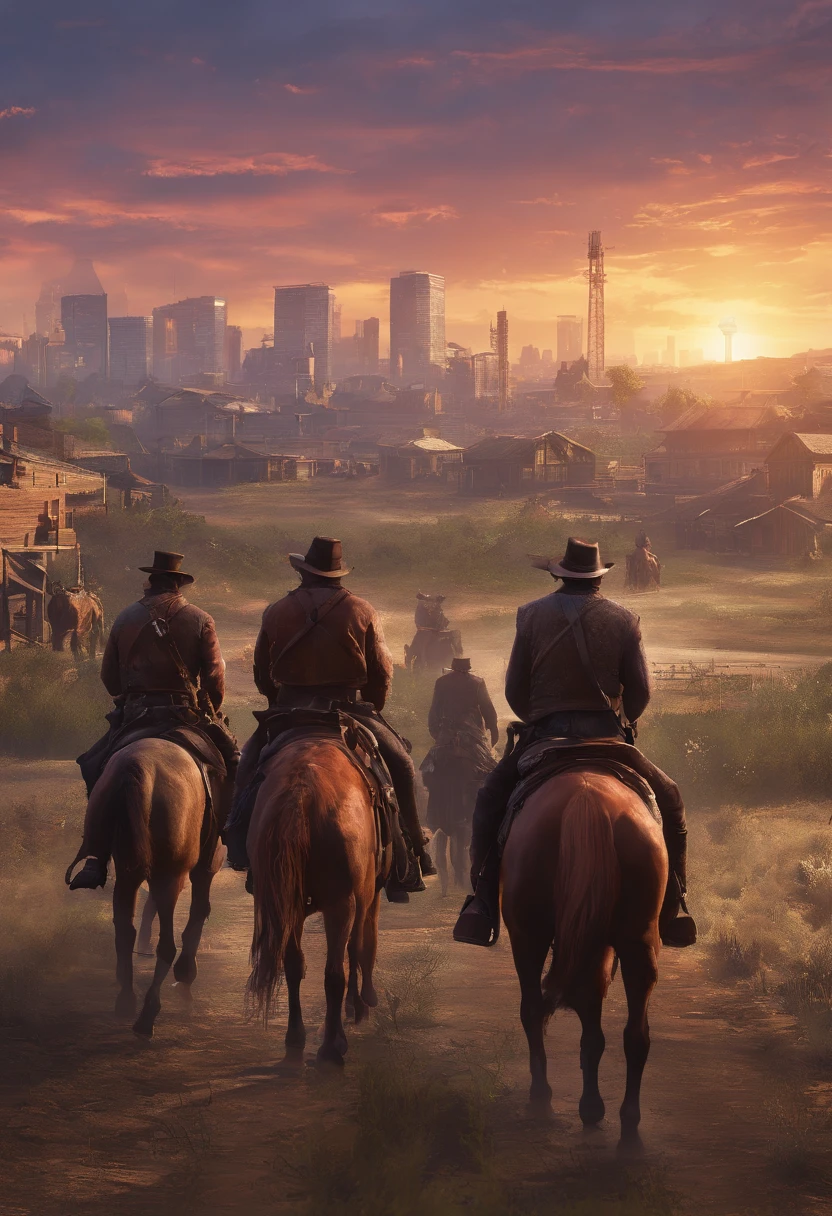 (red dead redemption 2 style,1899 year, 6 outlaws riding horses,gang,art poster,saint Denis city from RDR2 game ，six outlaws.six guys，saint Denis city background)。

(best quality,4k,8k,highres,masterpiece:1.2),ultra-detailed,(realistic,photorealistic,photo-realistic:1.37),HDR,UHD,studio lighting,ultra-fine painting,sharp focus,physically-based rendering,extreme detail description,professional,vivid colors,bokeh,portraits

,landscape,horror,anime,sci-fi,photography,concept artists

,red orange,deep shadows, warm tones, vibrant colors

,soft, warm natural light, dramatic highlights and shadows, backlighting