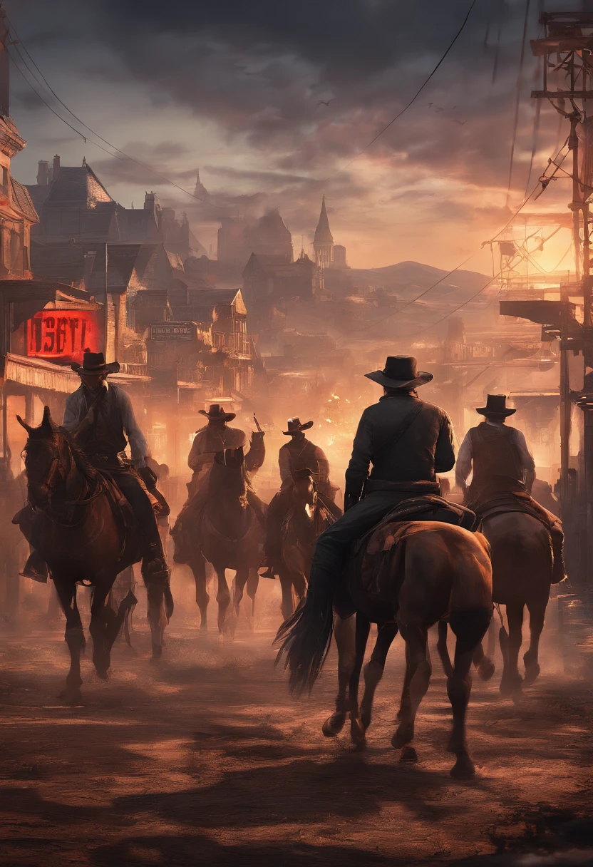 (Red Dead Redemption 2 style,In 1899, 6 outlaws on horseback,Kong,art poster,The city of St. Denis in the RDR2 game ，Six outlaws.Six people，St. Denis city background。)
(Best quality,4K,8K,A high resolution,Masterpiece:1.2),Ultra-detailed,(Realistic,Photorealistic,photo-realistic:1.37),hdr,hyper HD,Studio lighting,Ultra-fine painting,Sharp focus,Physically-based rendering,Extreme detail description,professional,Vivid colors,Bokeh,sportrait,landscape,Horror,anime big breast,Sci-fi,Photography,Concept artist,Red-orange,Deep shadows, Warm tones, Vibrant colors,soft, Warm natural light, Dramatic highlights and shadows, back lit lighting