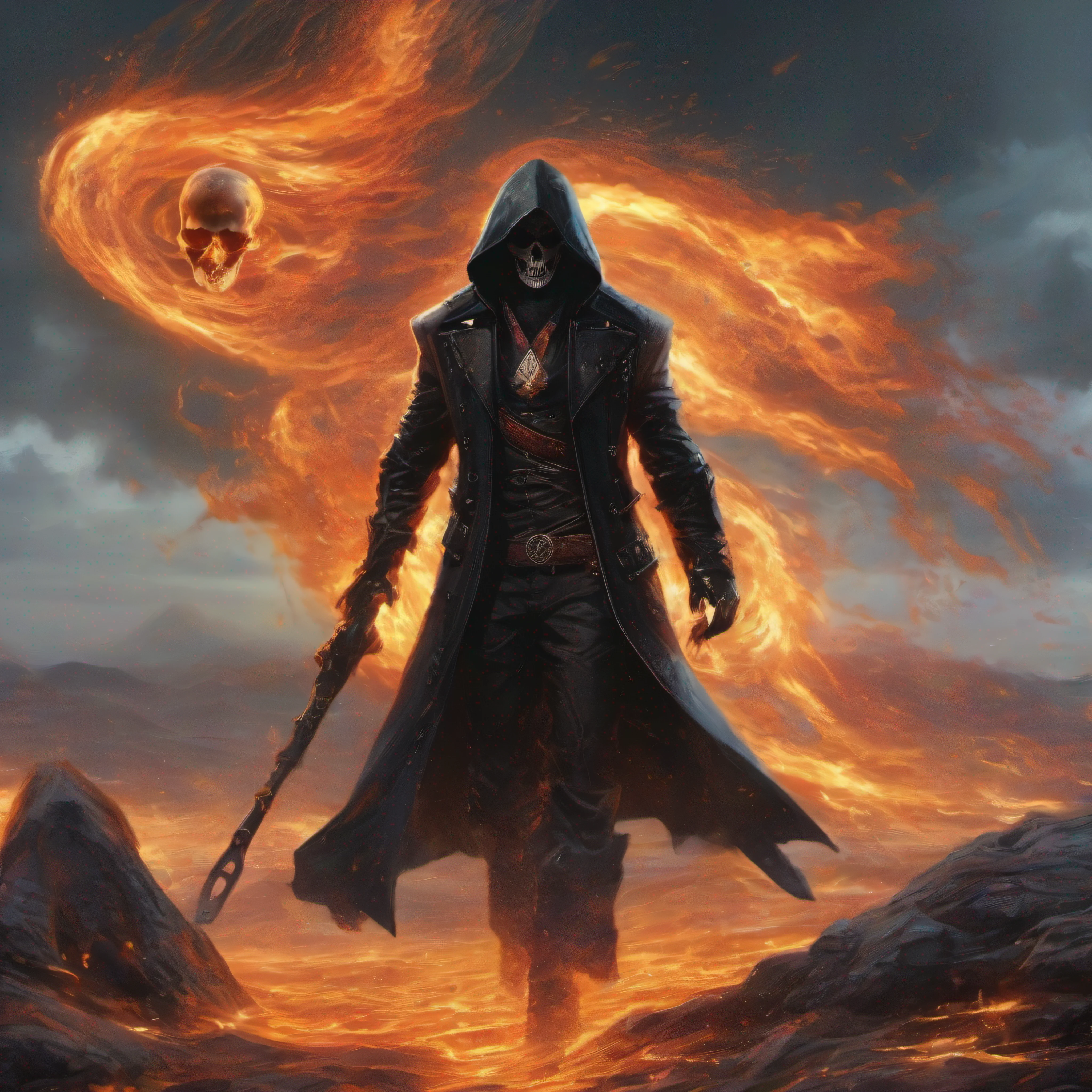 personagem skull Necromante, lava derretida, black overcoat hooded oil SHINY WITH WET APPEARANCE, graveyard, tumbas, lapides, arvores secas, mistborn, noite de lua cheia, meia noite, detalhes intrincados, luz de aro, clima sombrio, greg rutkowski