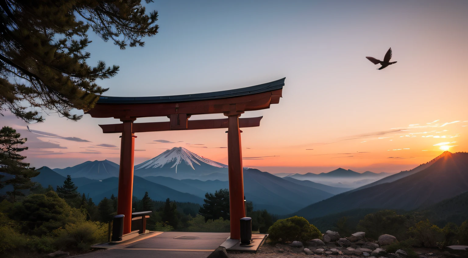 sunrises, mountainous, the woods, torii gate, flying birds, colorful skies, detailliert, Convoluted, nffsw, FUJI XT3