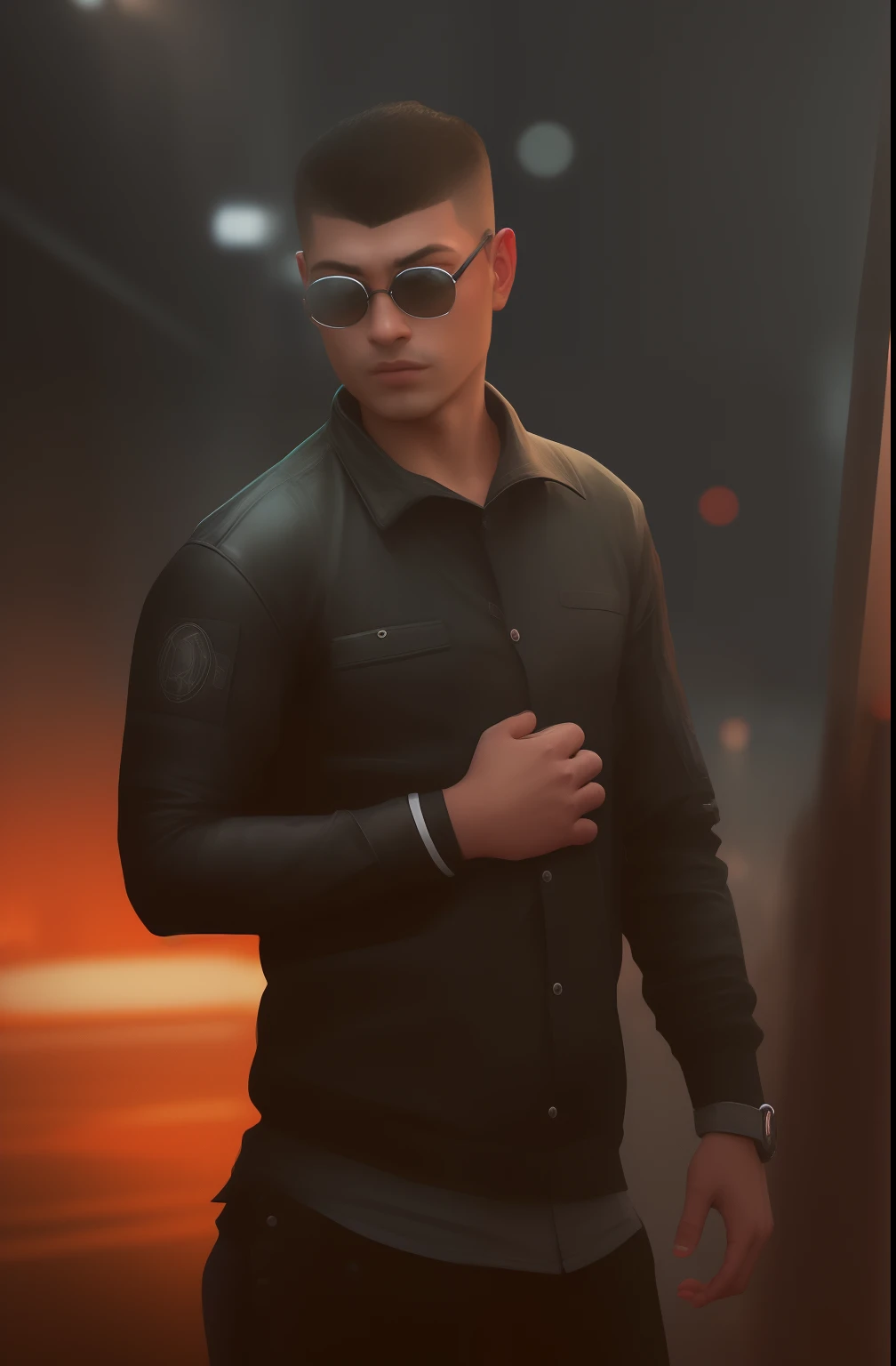 a man in a black jacket and glasses stands in front of a futuristic city, vr game, cyberpunk vibe, cyberpunk vibes, deeper into the metaverse we go, has cyberpunk style, cyberpunk theme, in cyber punk 2077, cyberpunk futuristic, cyberpunk future, synthwave, wearing cyberpunk streetwear, futuristic cyberpunk, cyberpunk tech, retro cyberpunk, synthwave style