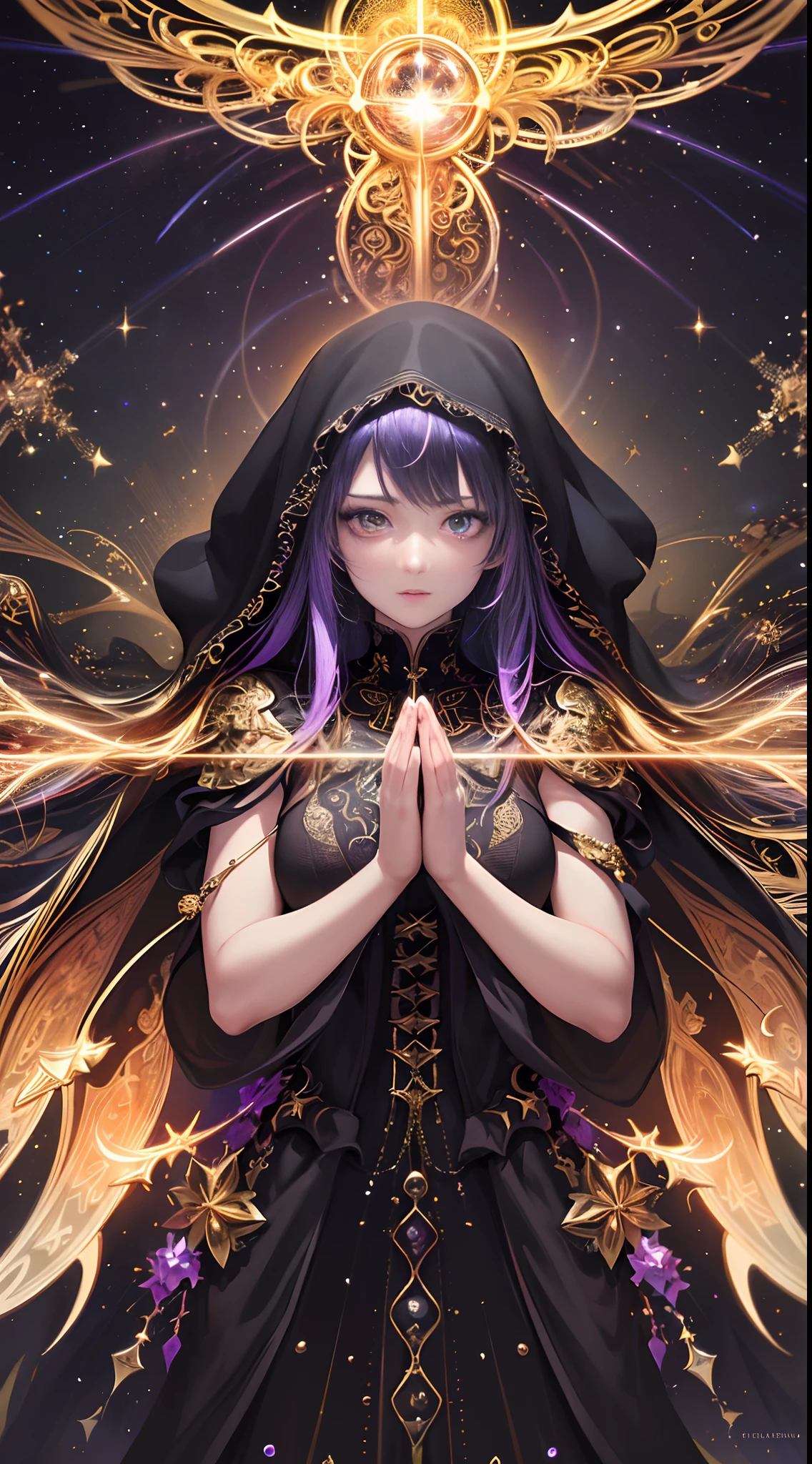 (masterpiece, top quality, best quality, official art, beautiful and aesthetic:1.2), (1girl), extreme detailed, (fractal art:1.3), colorful, highest detailed, perfect face, upper body, HDR, (praying:1.3), (black cloak golden lines:1.2), galaxy, (light streaks), striking visuals, (dynamic streaks, luminous trails:1.2), vibrant colors, tan skin, (has long black straight hair), purple eyes