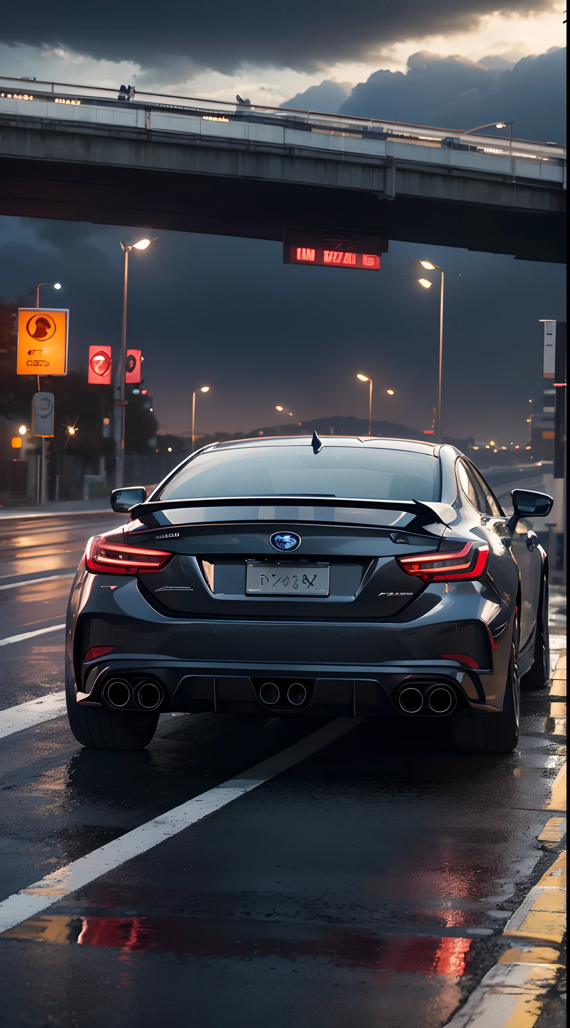 (best quality,4k,8k,highres,masterpiece:1.2),ultra-detailed,(realistic,photorealistic,photo-realistic:1.37),blue Subaru Impreza,[canon ef 85mm f/1.8 usm],vivid colors,sharp focus,studio lighting,physically-based rendering,extreme detail description,automotive photography,bokeh,fast-paced motion,sporty look,curved roads,rainy weather,reflection on the car's surface,chrome accents on the grille,glossy paint finish,aerodynamic design,headlights shining bright,taillights forming a striking red line,sleek body lines,rear spoiler adding a touch of aggression,tire tread pattern visible,emblem with Subaru logo,roads disappearing into the distance,city skyline in the background,dynamic angle capturing the car in motion,underglow lighting highlighting the car's features,high-performance image,agile and powerful,blurred background emphasizing the car's speed,a sense of adventure and thrill,impressive acceleration and handling,showcasing the car's modern technology and performance,exhilarating driving experience.