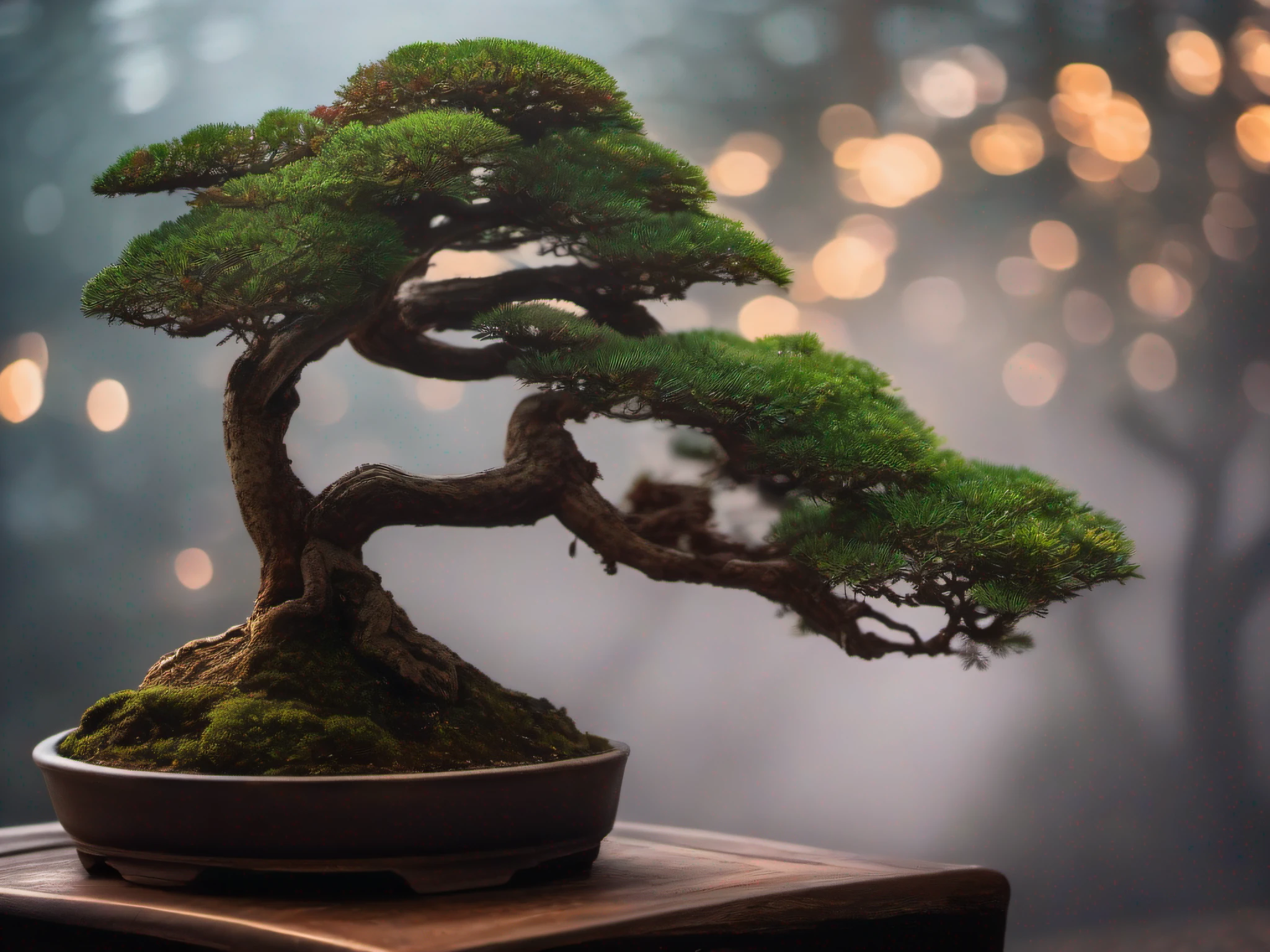 Photograph of a Bonsai Tree, close up, moody lighting, low cover mist, bokeh lights in the background