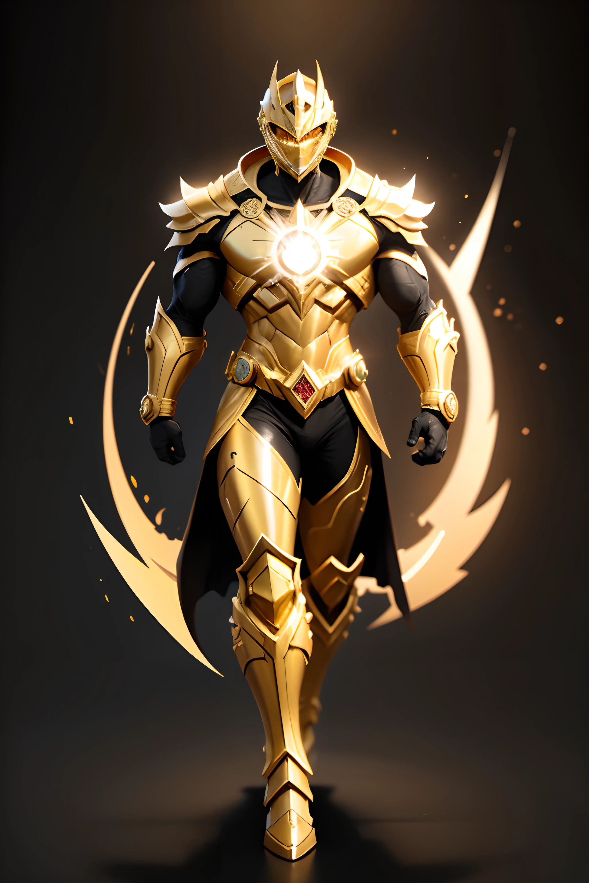 create a golden power ranger , full body , mythic , black background ,a bit ancient theme